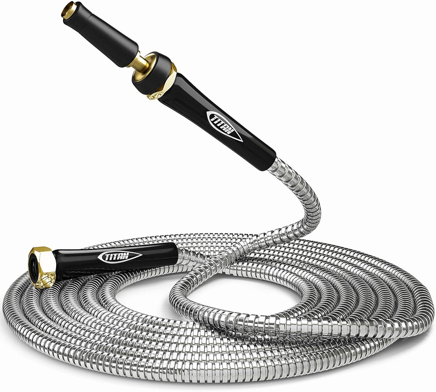 TITAN Garden Hose 100FT - 304 Stainless Steel Metal Water Hose, Flexible, Kink-Free, Lightweight, Durable, Crush Resistant Fittings, Easy to Coil, 500 PSI