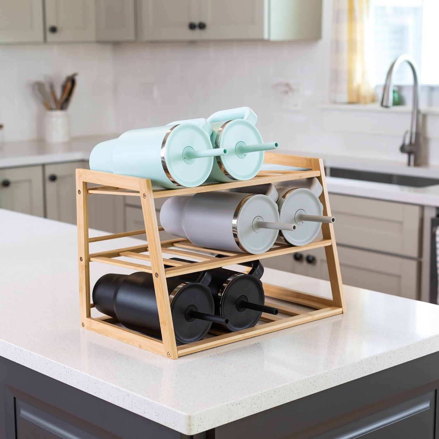 Natural Bamboo 3-Tier Water Bottle Organizer for Cabinet