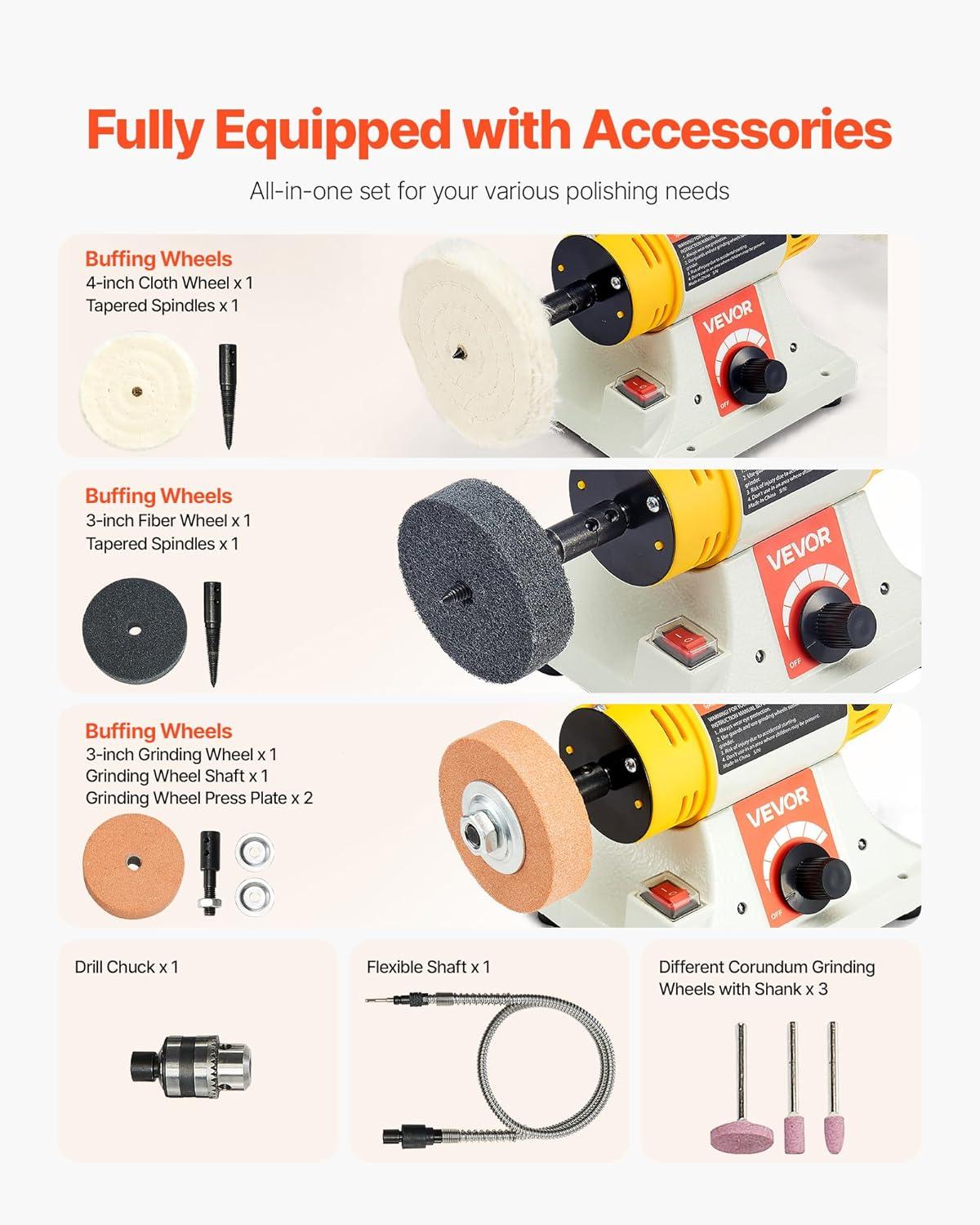 VEVOR Bench Buffer Polisher, 1/2HP Polishing Buffing Machine, 0 to 8000RPM Benchtop Polisher Grinder with 4" Cloth Wheel, 3" Grinding Wheel & 3" Fiber Wheel for Metal, Jewelry, Wood and Plastic