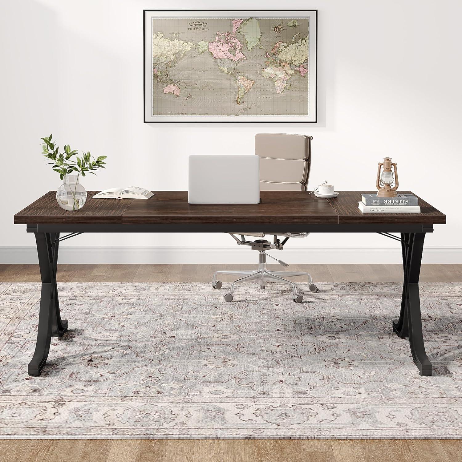 63-Inch Walnut Brown Executive Desk with Metal Frame