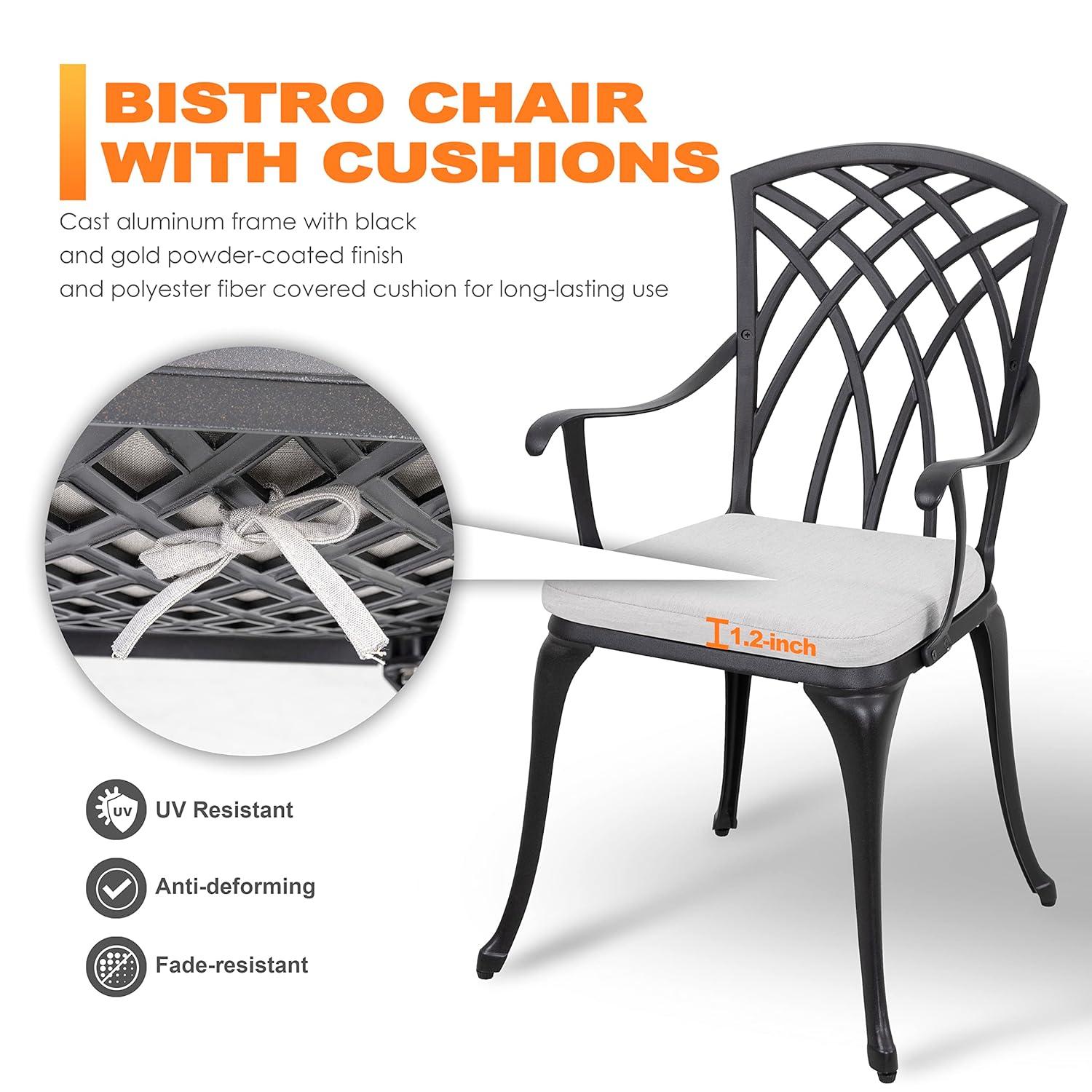 Black Cast Aluminum 3-Piece Bistro Set with Grey Cushions