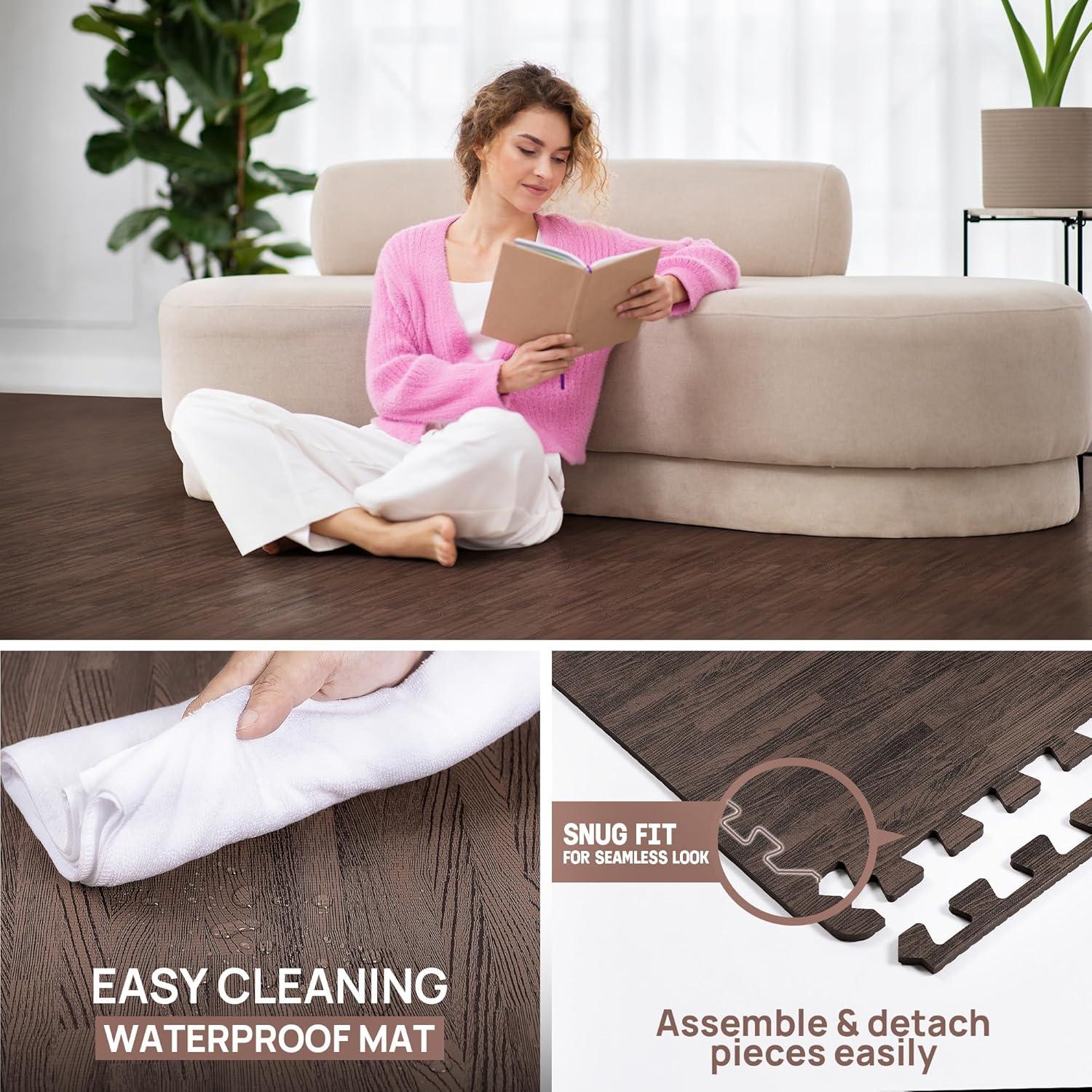Yes4All 12 pcs Interlocking Exercise Foam Mats, Cover 48 sqft, 3/8 inch, Oak Wood Dark Color