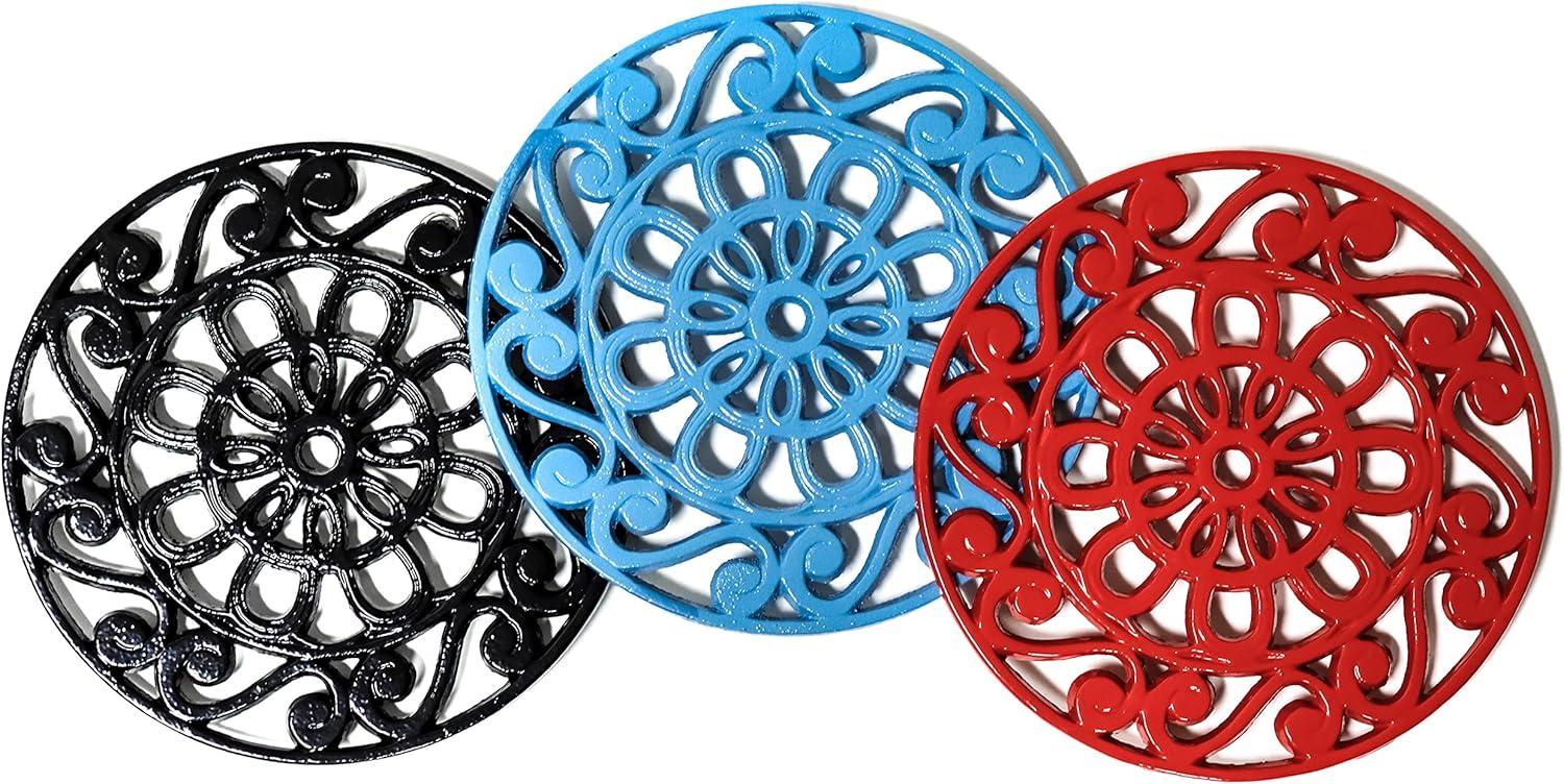 Decorative Cast Iron Metal Trivets (Set of 3, Black/Red/Blue)