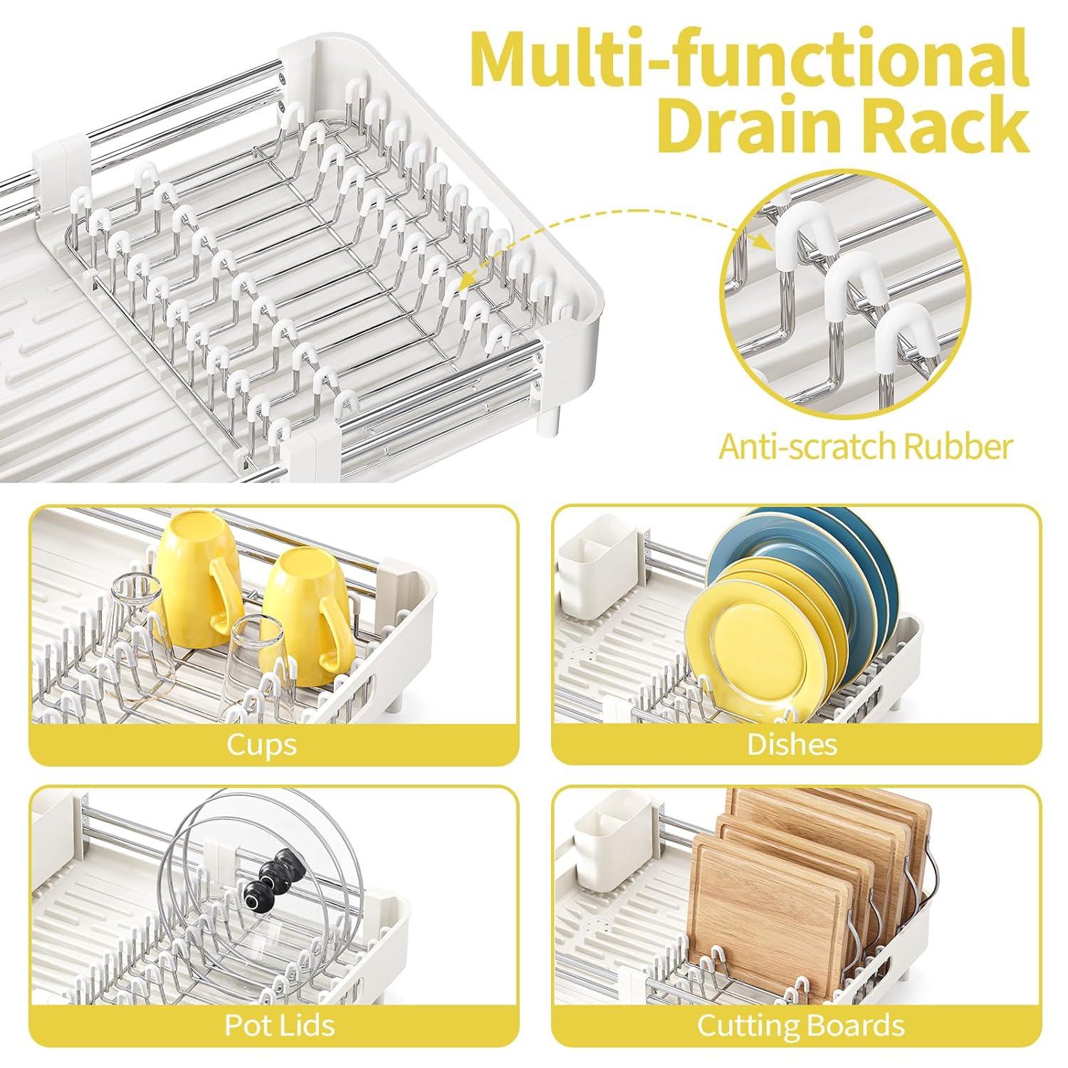 TOOLF Extendable Dish Rack, Dual Part Dish Drainers with Non-Scratch and Movable Cutlery Drainer and Drainage Spout, Adjustable Dish Drying Rack for Kitchen, 1 Piece White