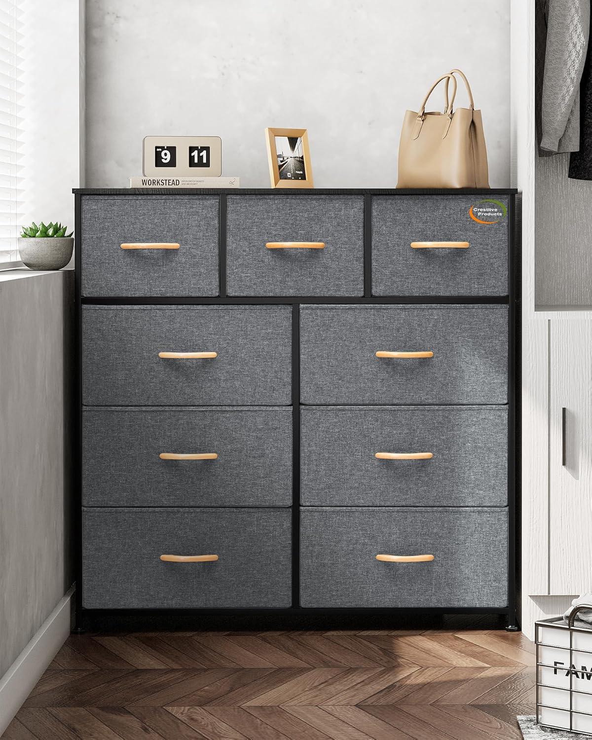 Crestlive Products Home Extra Wide Closet Dresser Storage Tower Organizer Unit 9 Drawers Grey Dark Wood