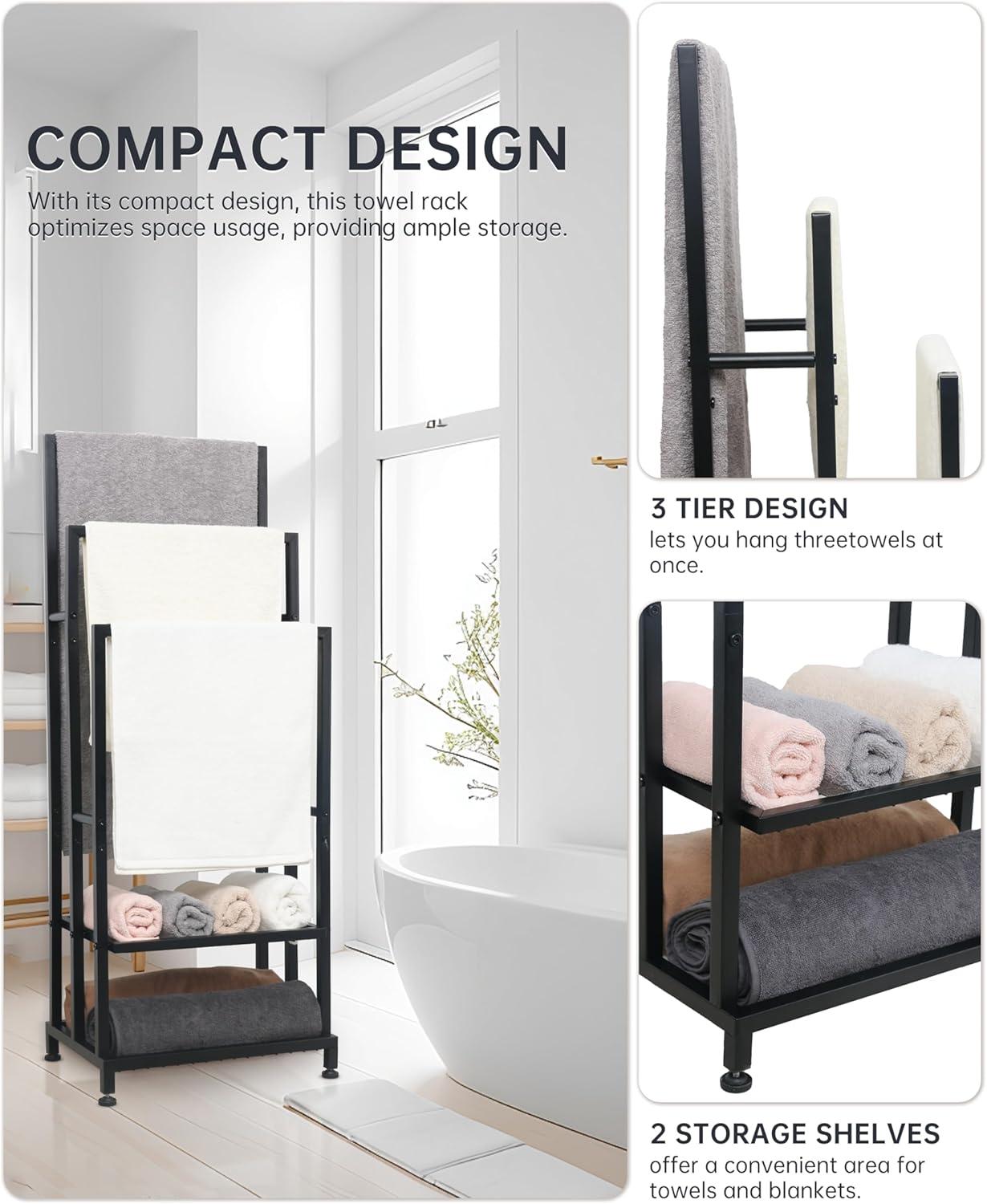 Black 41" H Free Standing 3 Tier Blanket Rack with 2 Storage Shelves - Anti-Rust Towel Rack for Bathroom, Outdoor, Bath & Pool (41"x16"x12")