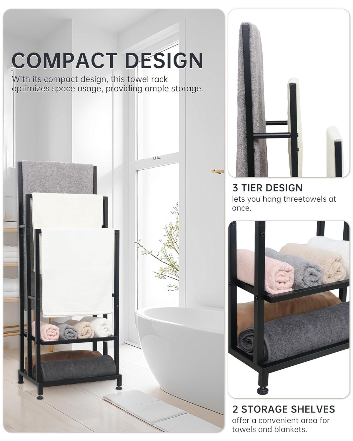 Black 41" H Free Standing 3 Tier Blanket Rack with 2 Storage Shelves - Anti-Rust Towel Rack for Bathroom, Outdoor, Bath & Pool (41"x16"x12")