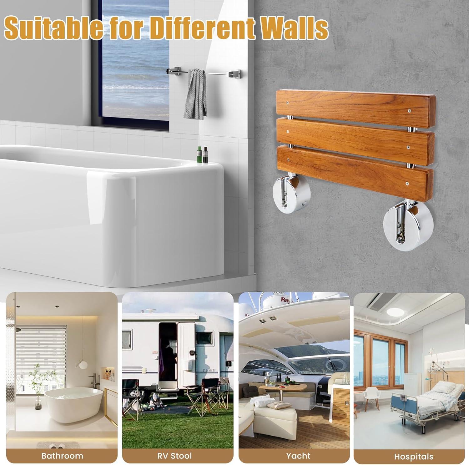 20 inchs Teak Folding Shower Seat Wall Mounted,Fold Down Shower Bench for Shower Space, Home Care Teak Wood Stool for Inside Shower,Pregnants-Maximum Load 440lb (Glossy & Yellow)