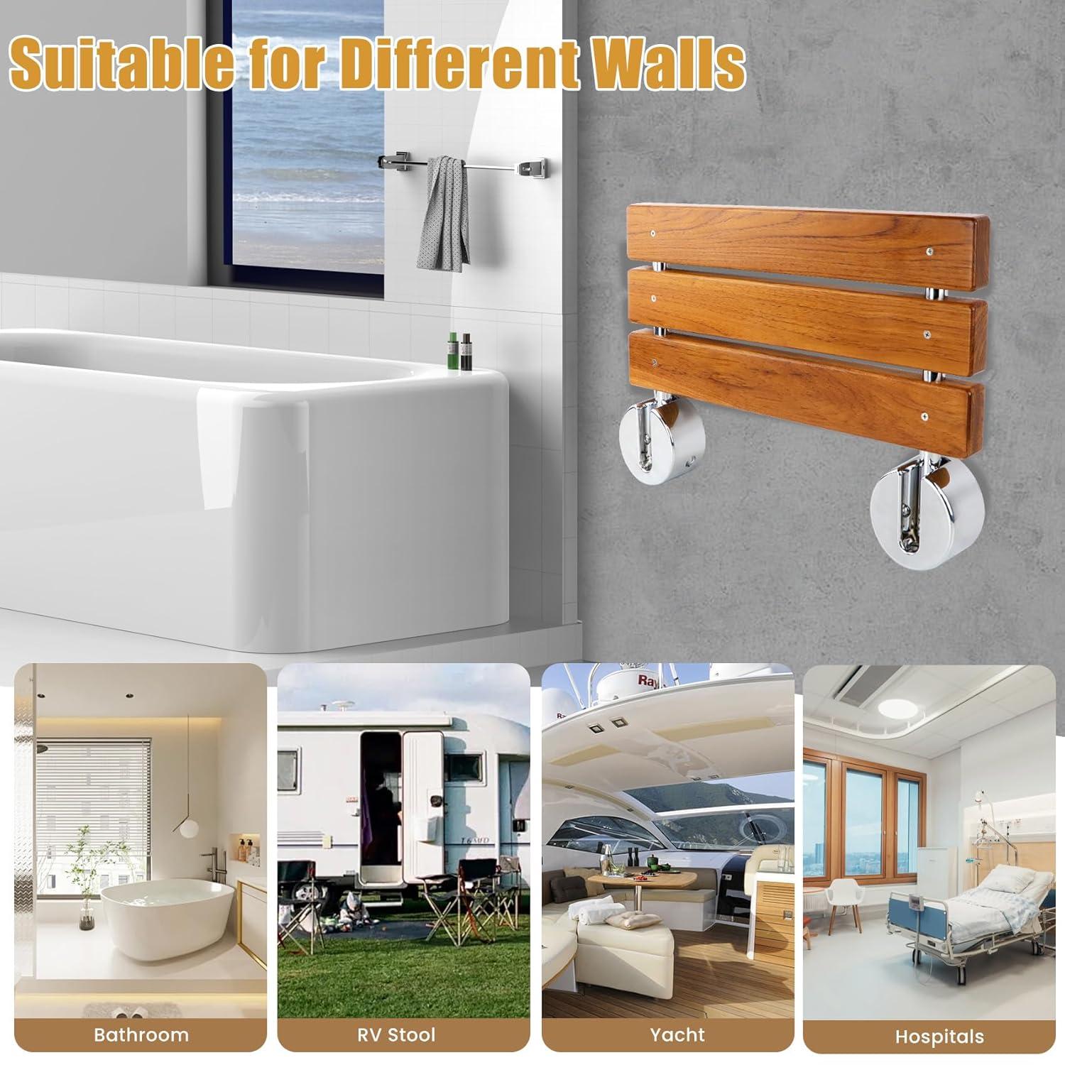 20 inchs Teak Folding Shower Seat Wall Mounted,Fold Down Shower Bench for Shower Space, Home Care Teak Wood Stool for Inside Shower,Pregnants-Maximum Load 440lb (Glossy & Yellow)