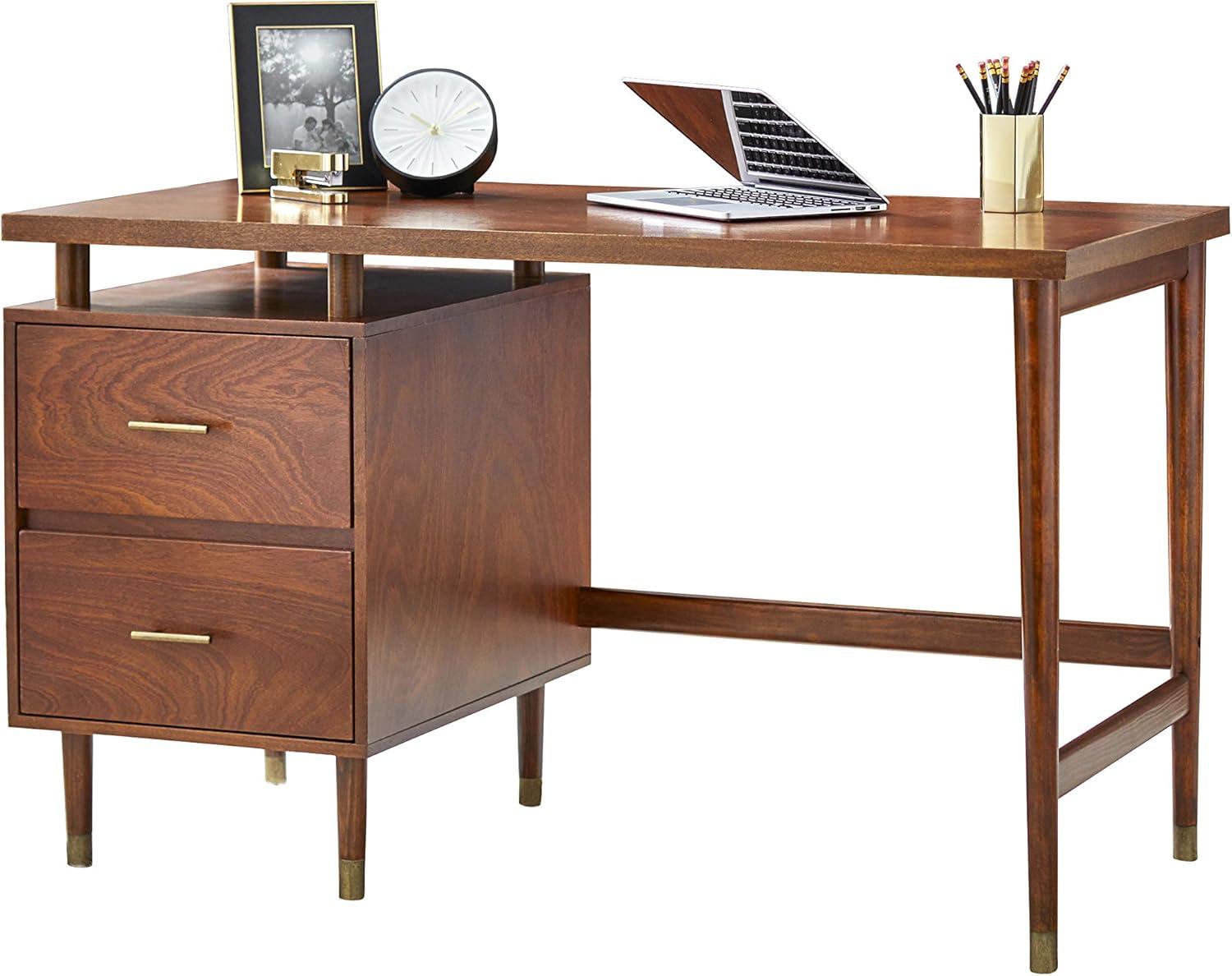 Walnut Mid-Century Modern Desk with Brass Accents and Drawers