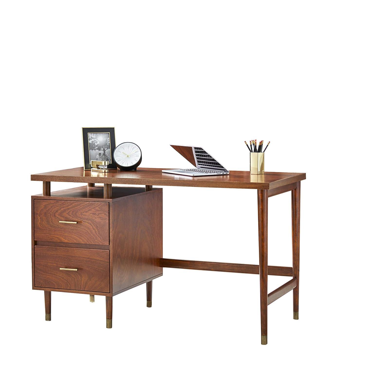 Buylateral Margo Mid Century Modern Desk Walnut: Mid-Century Modern, Pine Wood, Brass Tone Handles, 2 Drawers