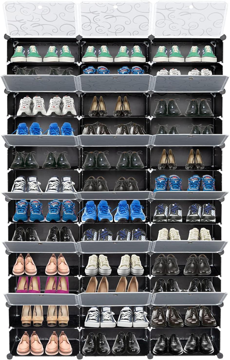 12-Tier Portable Shoe Rack Organizer,72 Pair Covered Shoe Storage Shelves Rack,36 Grids Tower Shelf Expandable Free Standing Storage Stackable Space forHeels,Boots,Slippers,Black