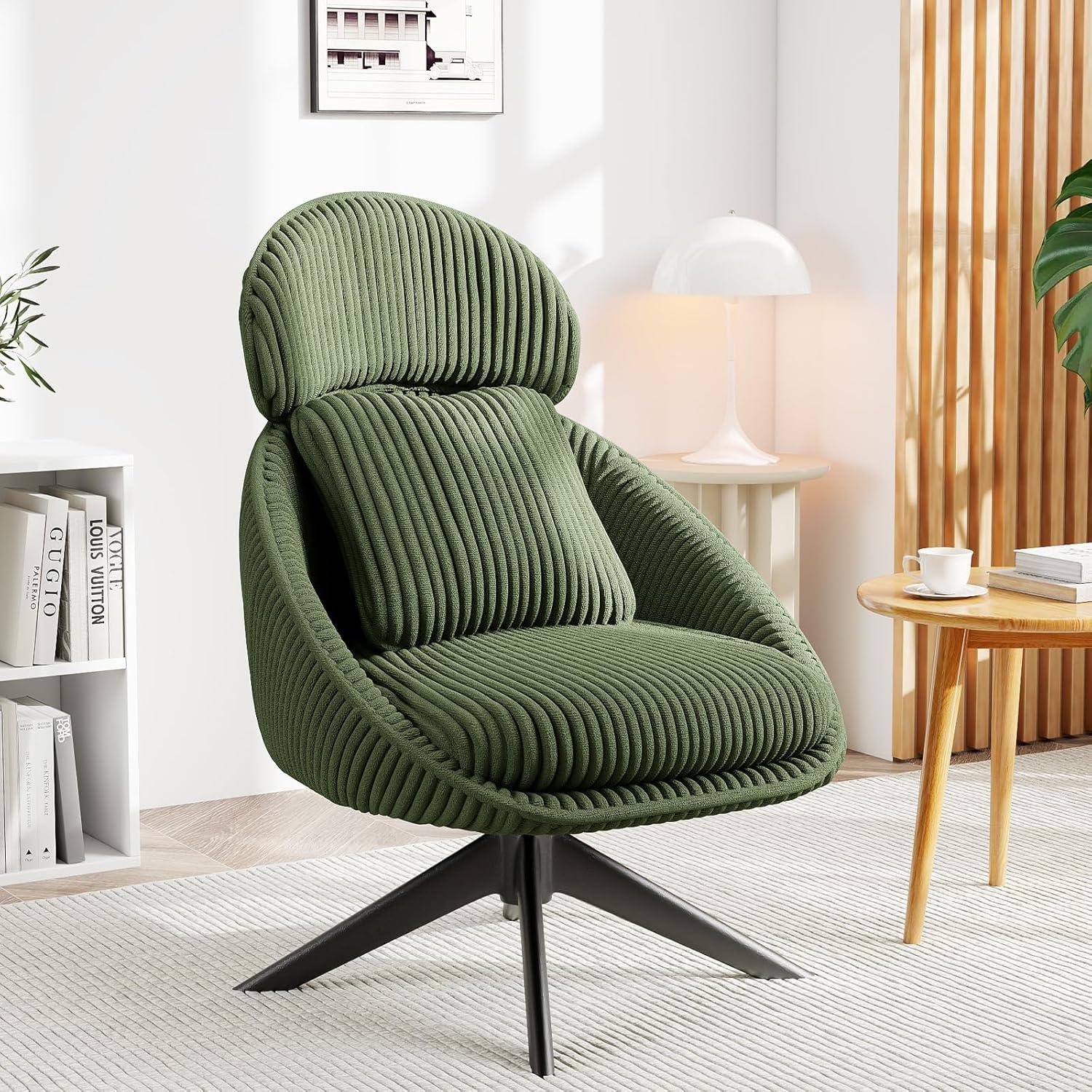 Furniliving Swivel Accent Chair with Pillow Corduroy Comfy Lounge Chair Lazy Chair for Living Room/Bedroom, Green