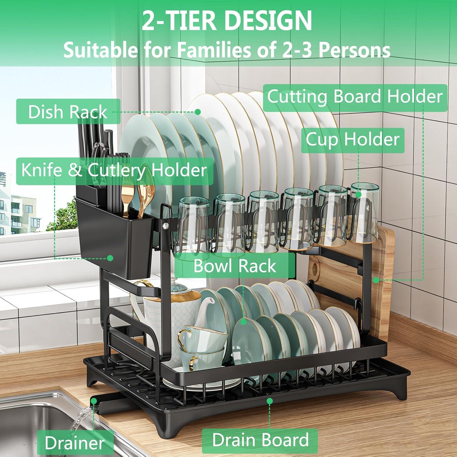 Black Stainless Steel 2-Tier Dish Drying Rack with Utensil Holder