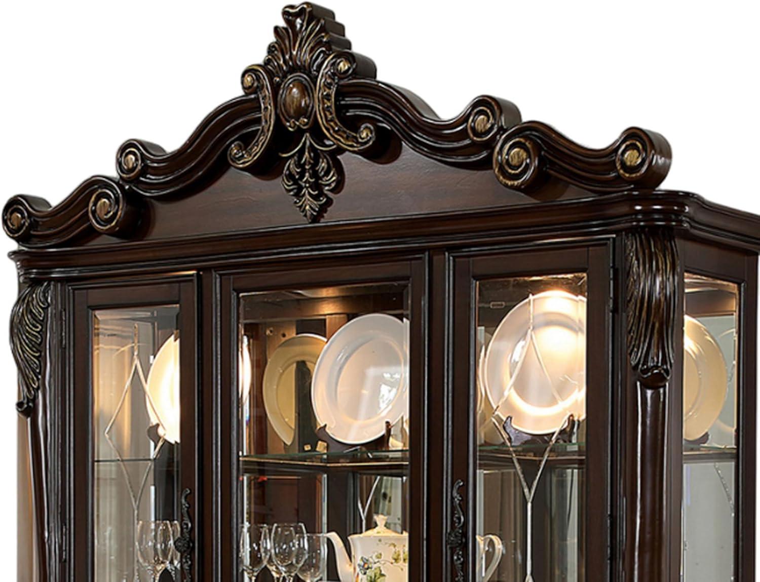 Benjara Zenie Buffet Cabinet and Hutch, Classic Carved, Cherry Brown Solid Wood