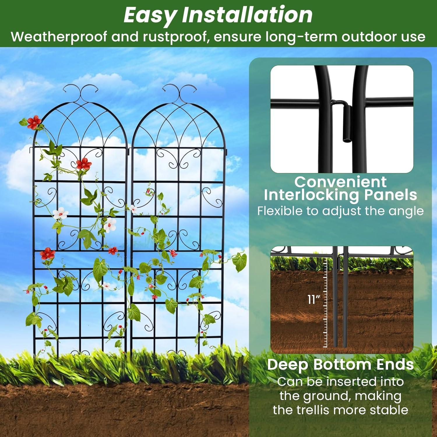 Black Galvanized Metal 6-Foot Garden Trellis Set