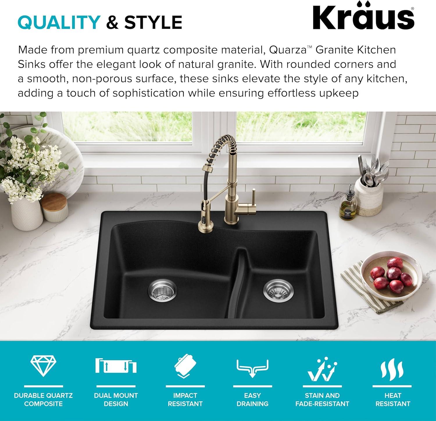 KRAUS Quarza™ 33" L Dual Mount 60/40 Double Bowl Granite Kitchen Sink