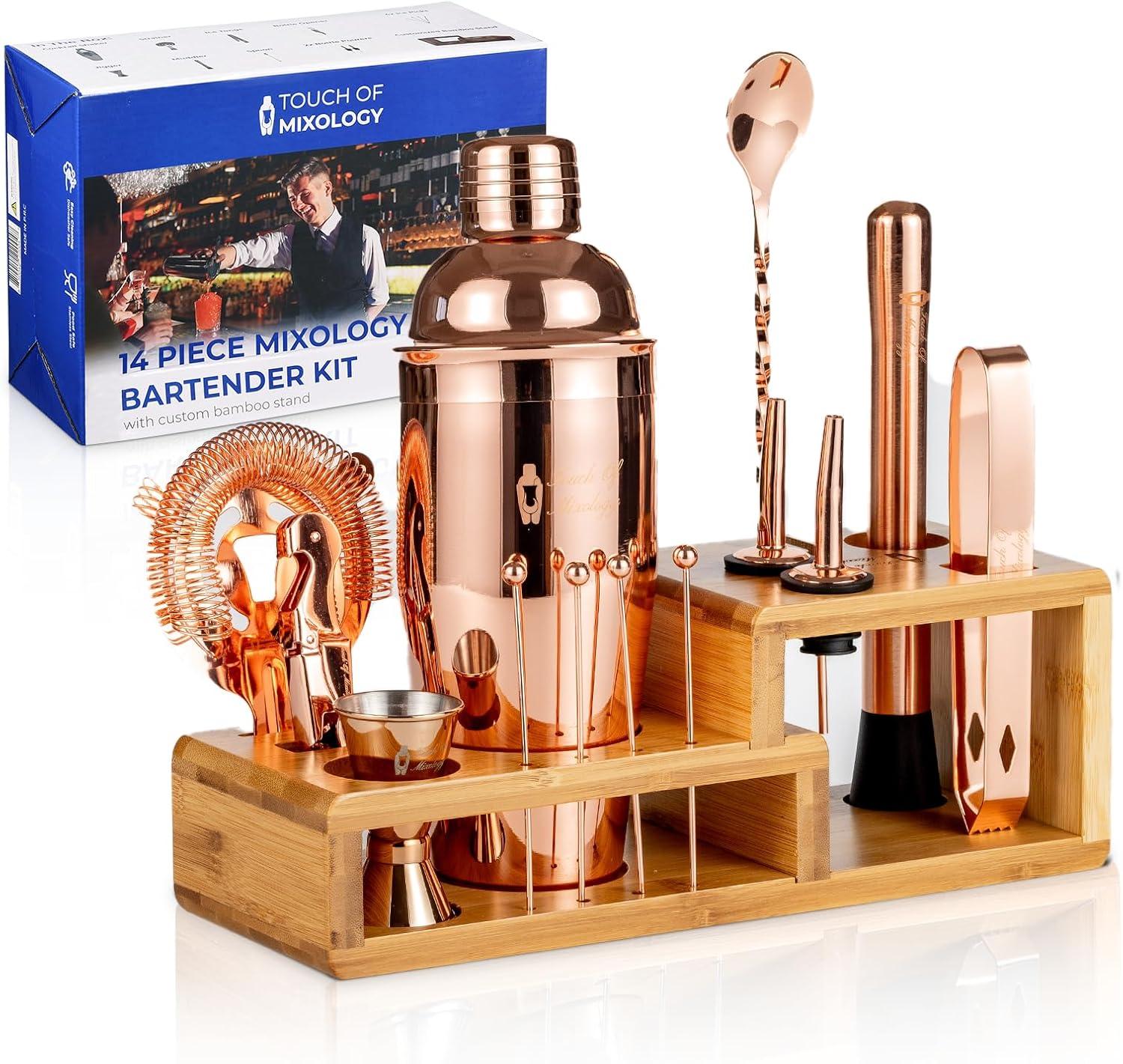 Touch of Mixology Premium 14 Piece Stainless Steel Bartender Kit with Bamboo Stand