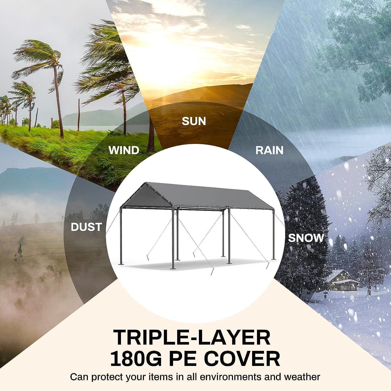 Carports Canopy 10x20 Heavy Duty, Metal Carport Waterproof Carports Garage Tent with 6 Steel Stakes Outdoor for Car Tuck Boat SUV Party (Grey)