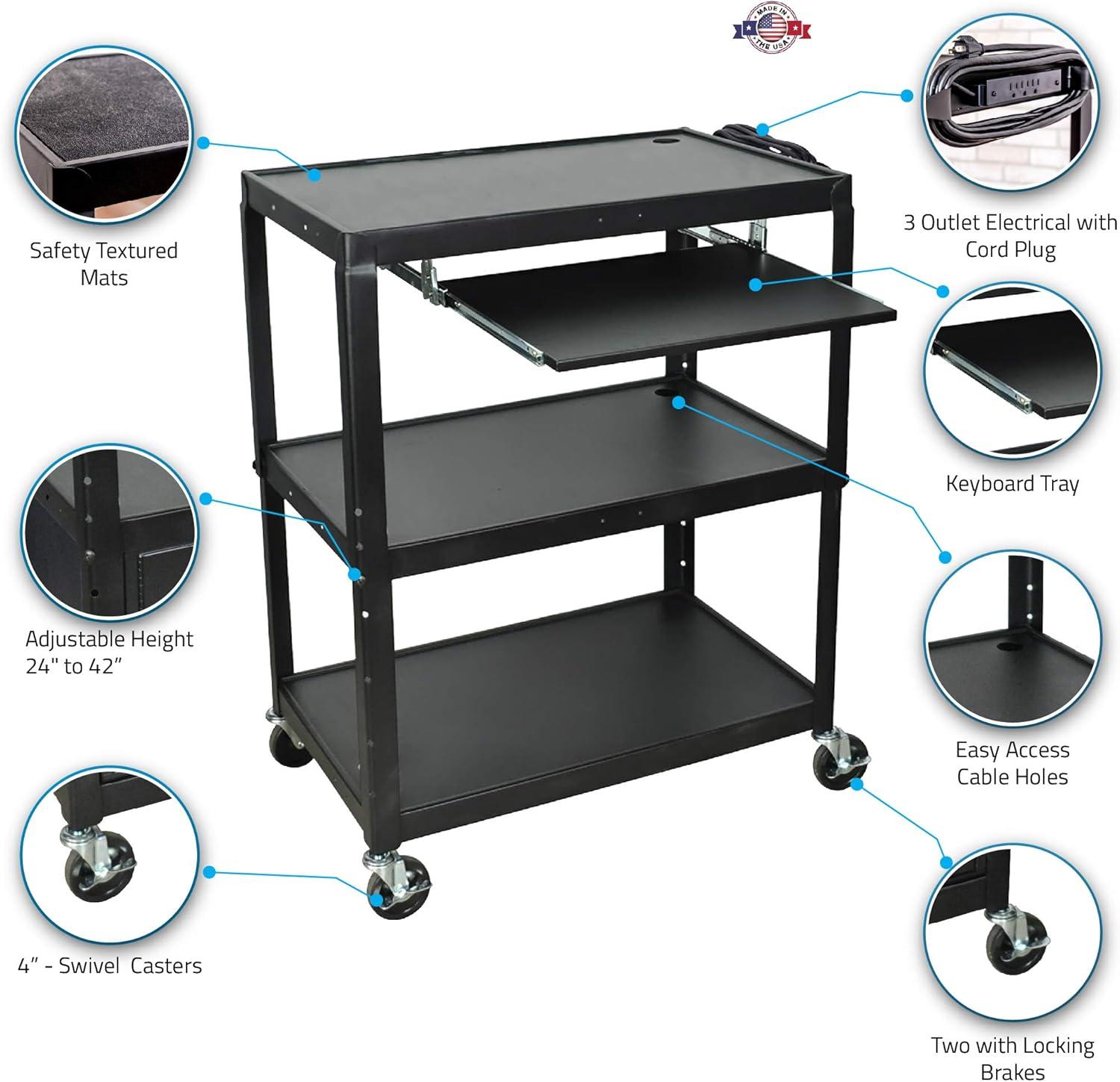 Extra Wide Steel Adjustable Height AV Cart With Pullout Keyboard Shelf