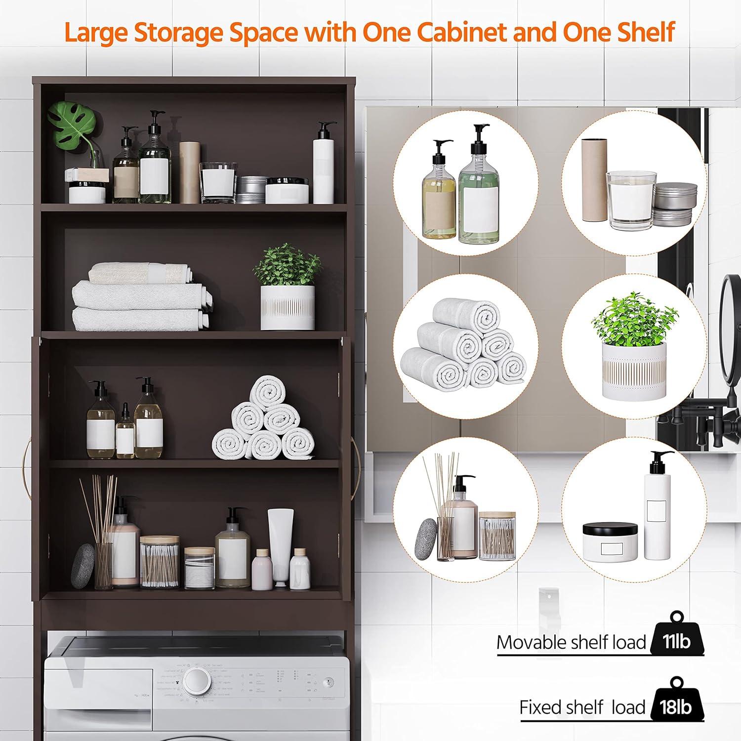 Killeryuki Over The Toilet Storage, Taller Bathroom Organizer Space-Saving Storage Cabinet with Adjustable Shelves and Double Doors, 77 in H, Espresso