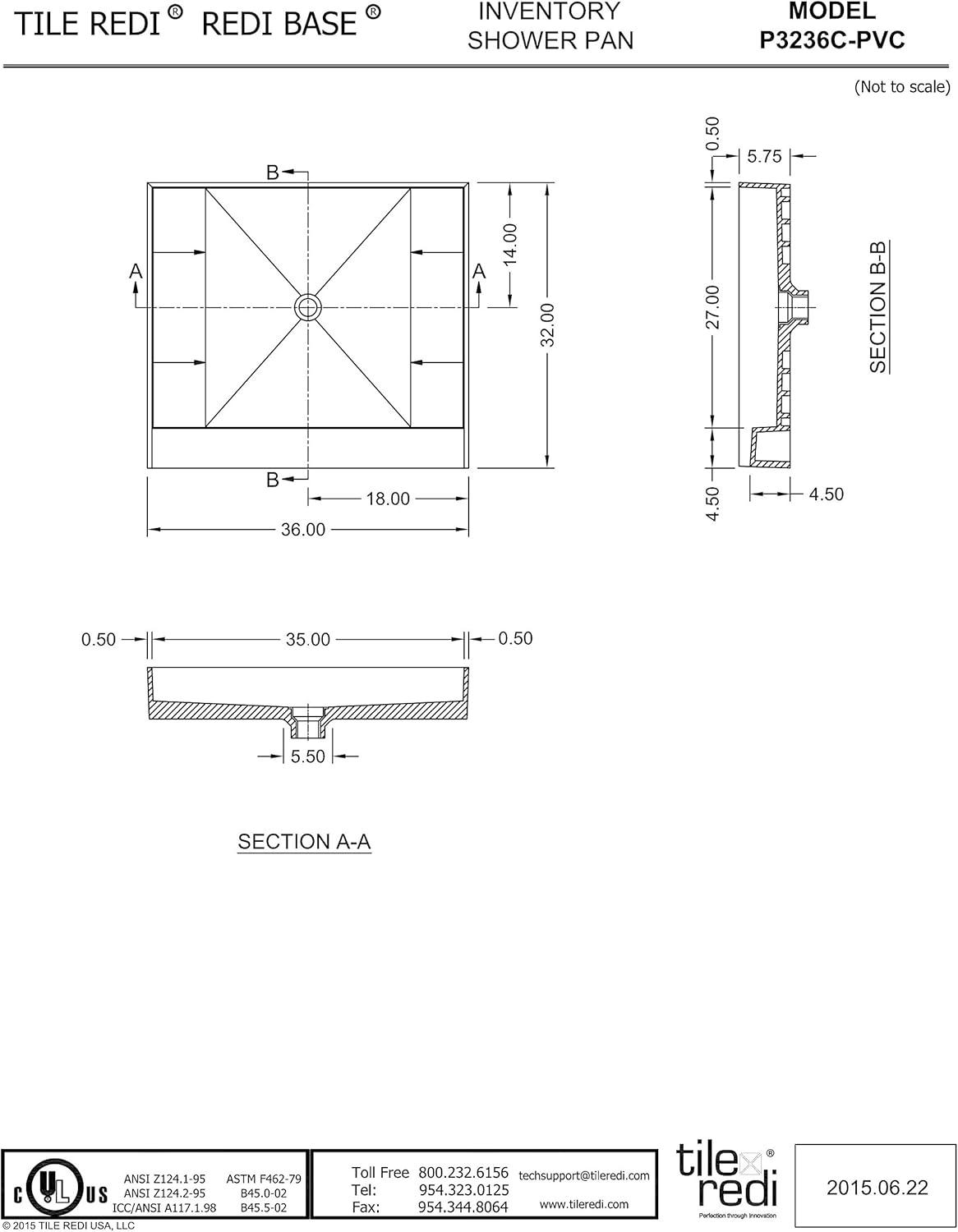 Tile Redi P3236c-Pvc Redi Base 36" X 32" Rectangular Shower Base - Chrome