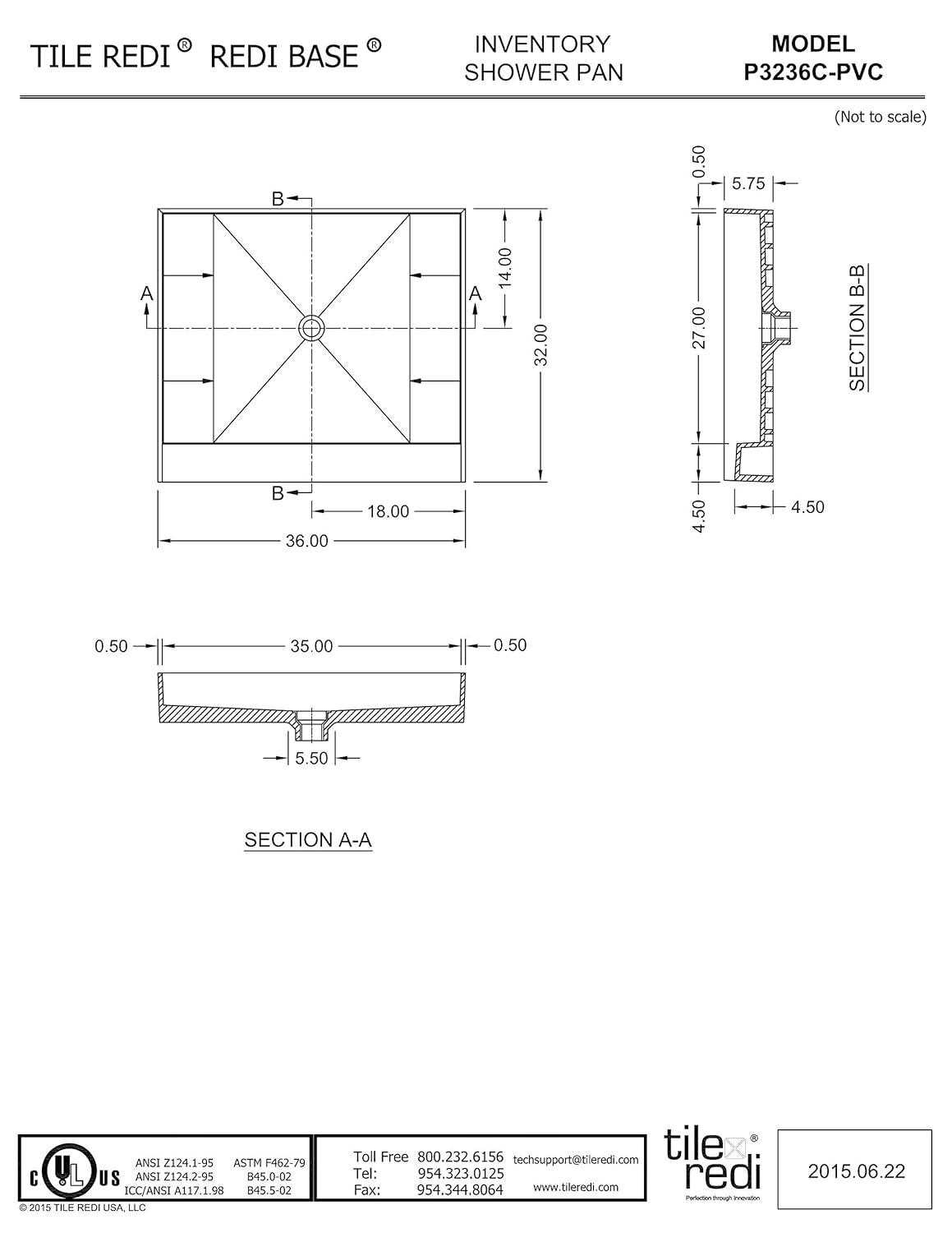 Tile Redi P3236c-Pvc Redi Base 36" X 32" Rectangular Shower Base - Chrome