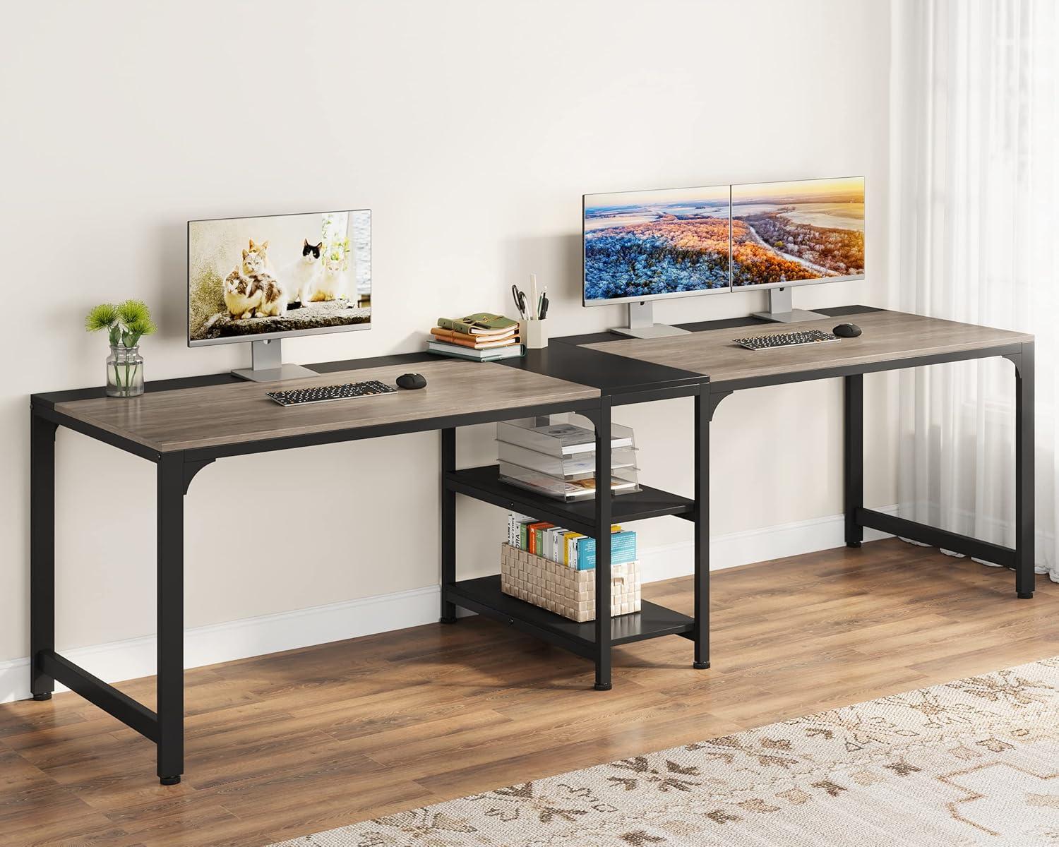 LITTLE TREE 90.55" Double Desk with Storage Shelf Gray/Black