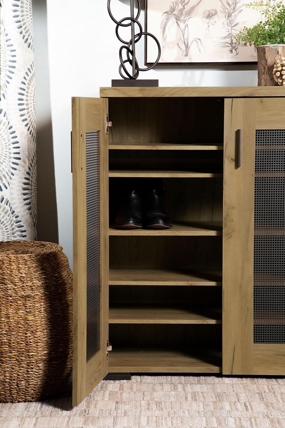 Golden Oak and Gunmetal Mesh Door Accent Cabinet