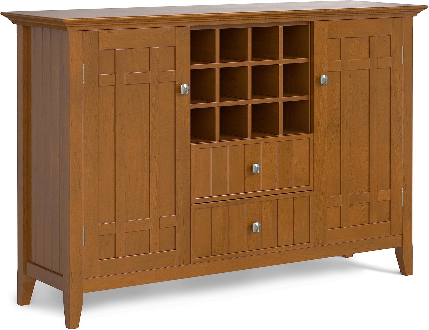 Simpli Home Bedford 54" Wide SOLID WOOD Sideboard Buffet and Wine Rack