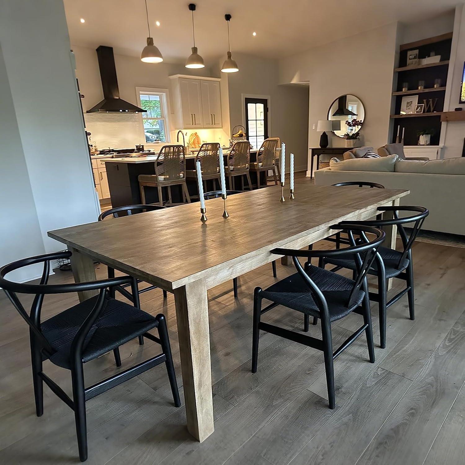 2xhome Set of 2 Wishbone Solid Wood Armchairs with Arms Open Y Back Farmhouse Dining Office Chairs with Woven Black Seat, Black