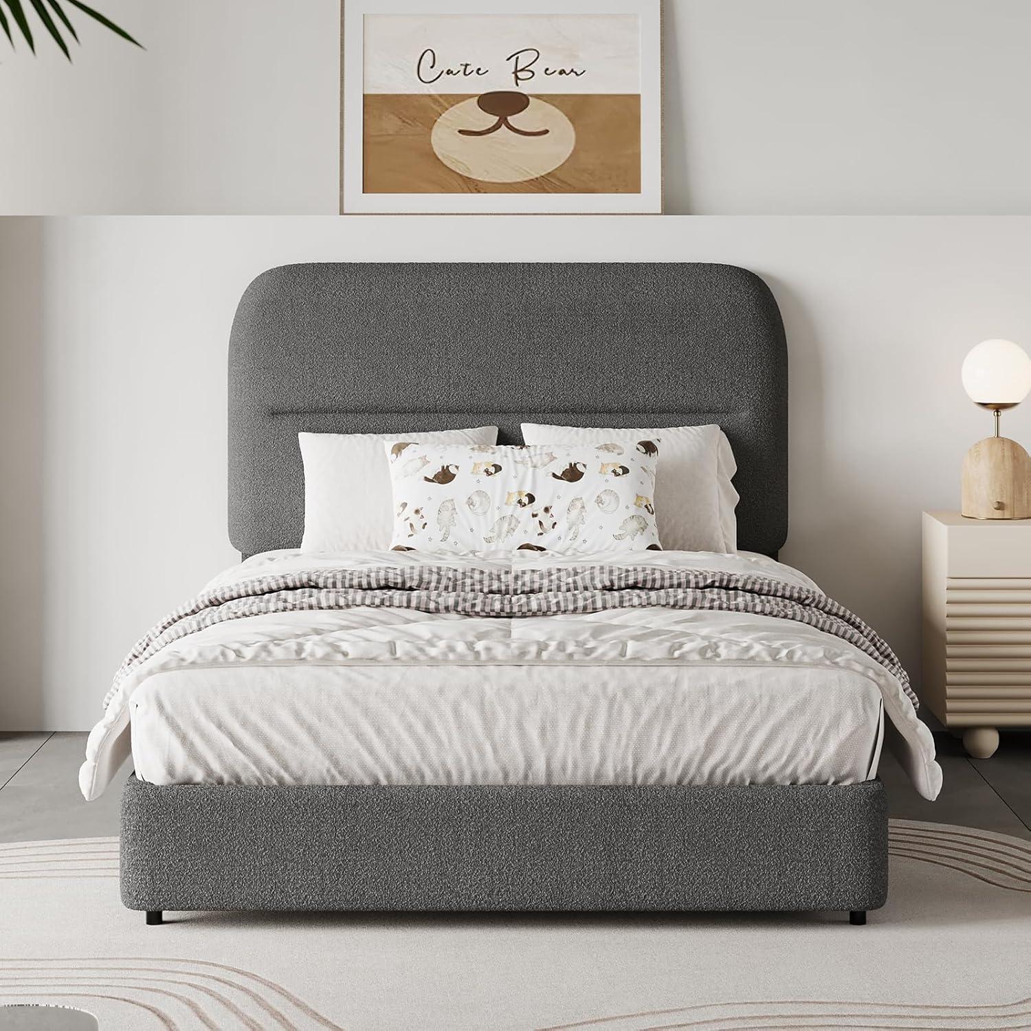 Manfred Boucle Upholstered Cloud Bed Frame with Rounded Corners Headboard, Soft Platform Bed Frame with Thickened Footboard