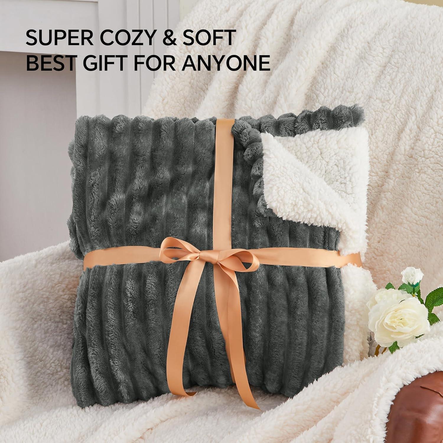 INFIIXSO Sherpa Fleece Queen Size Blanket - Super Soft & Warm Striped Fleece, Cozy Plush Fluffy Large Bed Blanket All Season Use (Grey, 90x90 Inches