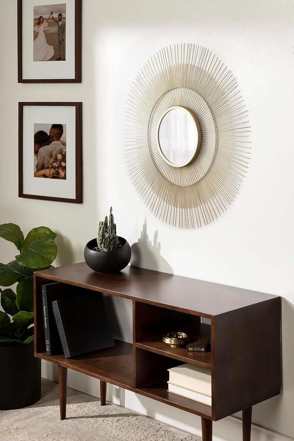 Kate and Laurel Quillet Mid-Century Round Decorative Wall Mirror, 26 Inch Diameter, Gold, Metal Circle Statement Piece Mirror with Detailed Sunburst Frame