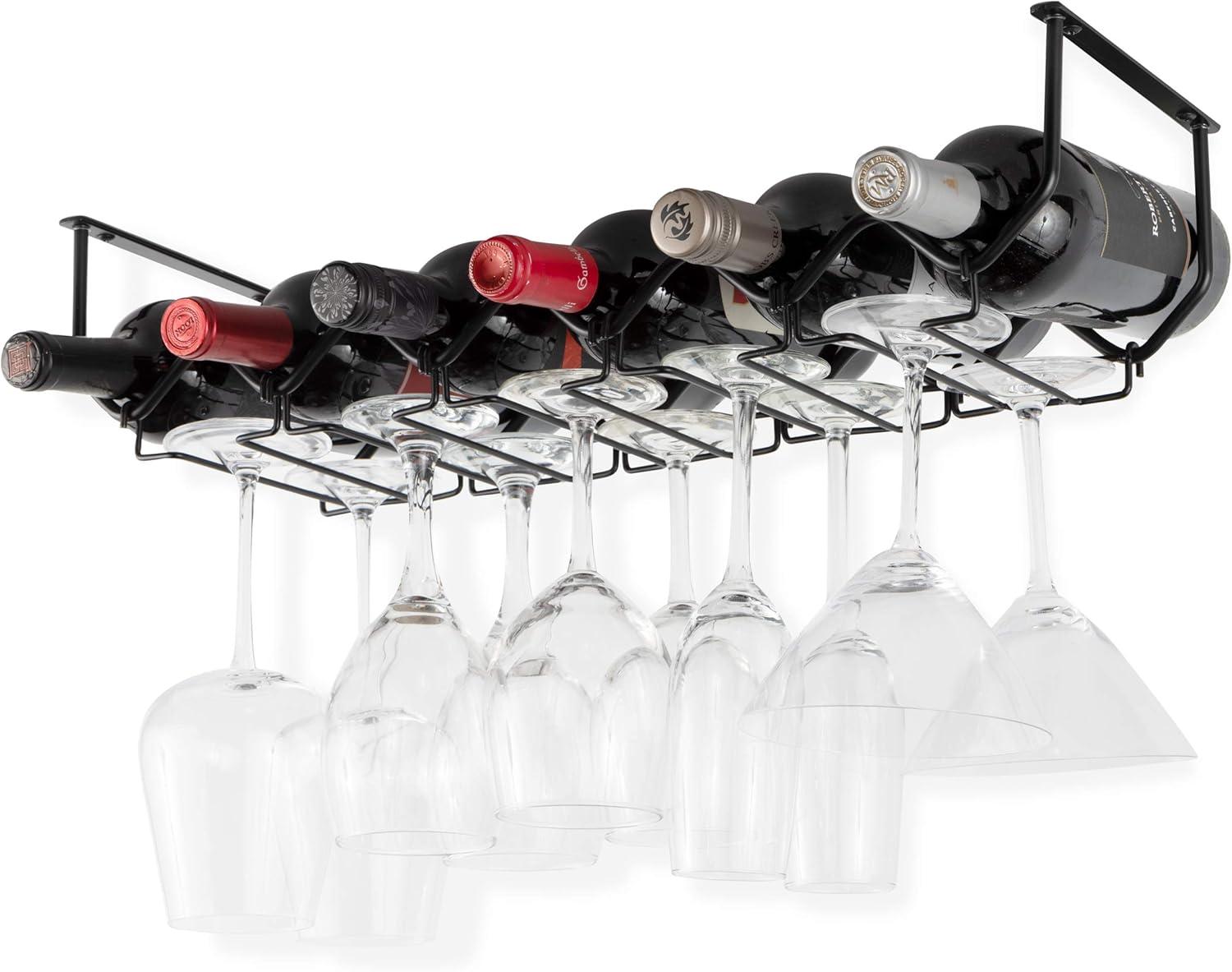 Black Metal Under Cabinet Wine Rack with Glass Holder