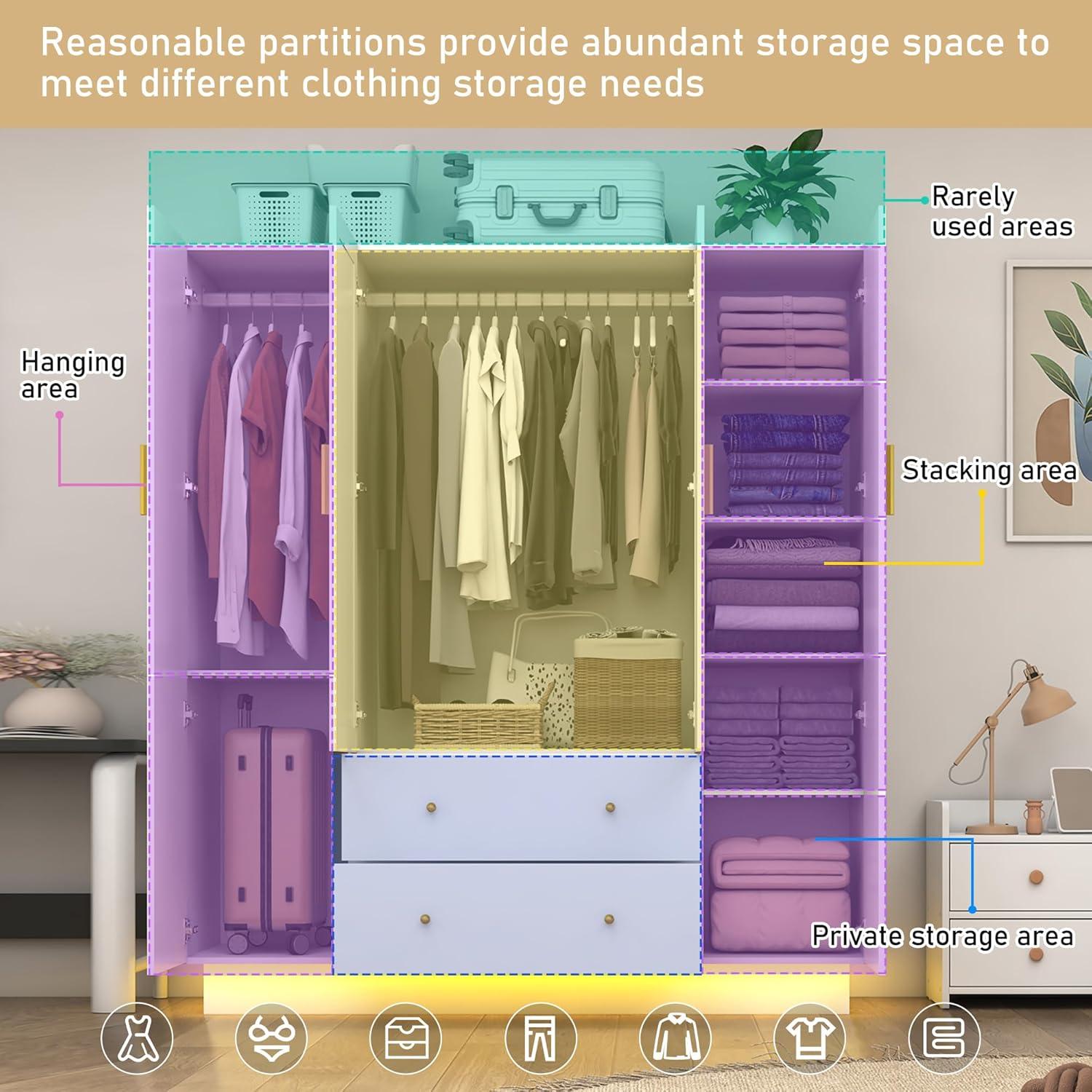 Armoire Wardrobe Closet With Mirror & Led Light, 4 Door Wooden Storage Cabinet With Drawers, Spacious Armoire With Hanging Rod & Adjustable Shelves