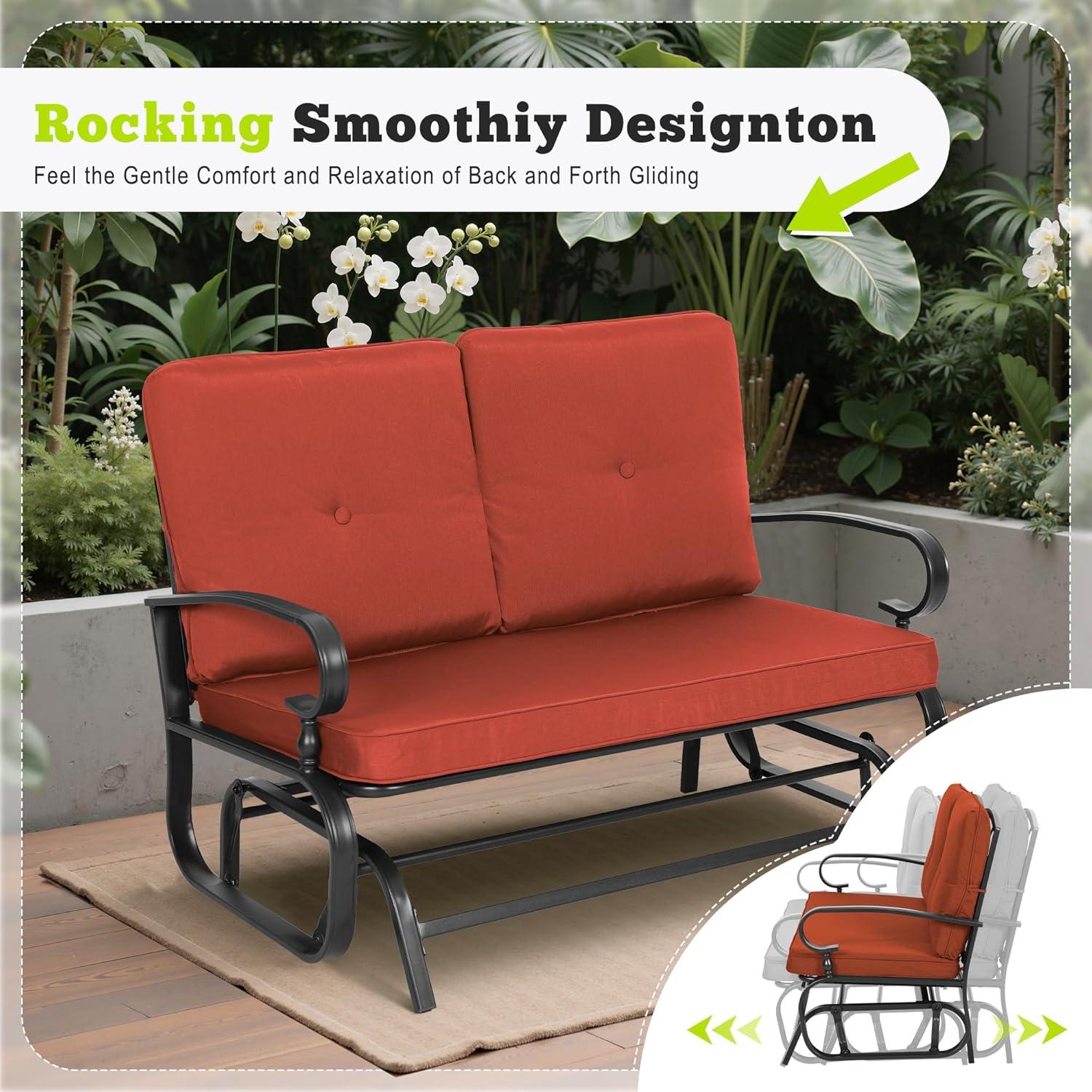Outdoor Loveseat Patio Glider Rocking Bench 2 Seats Wrought Iron Chair Set with Red Cushion