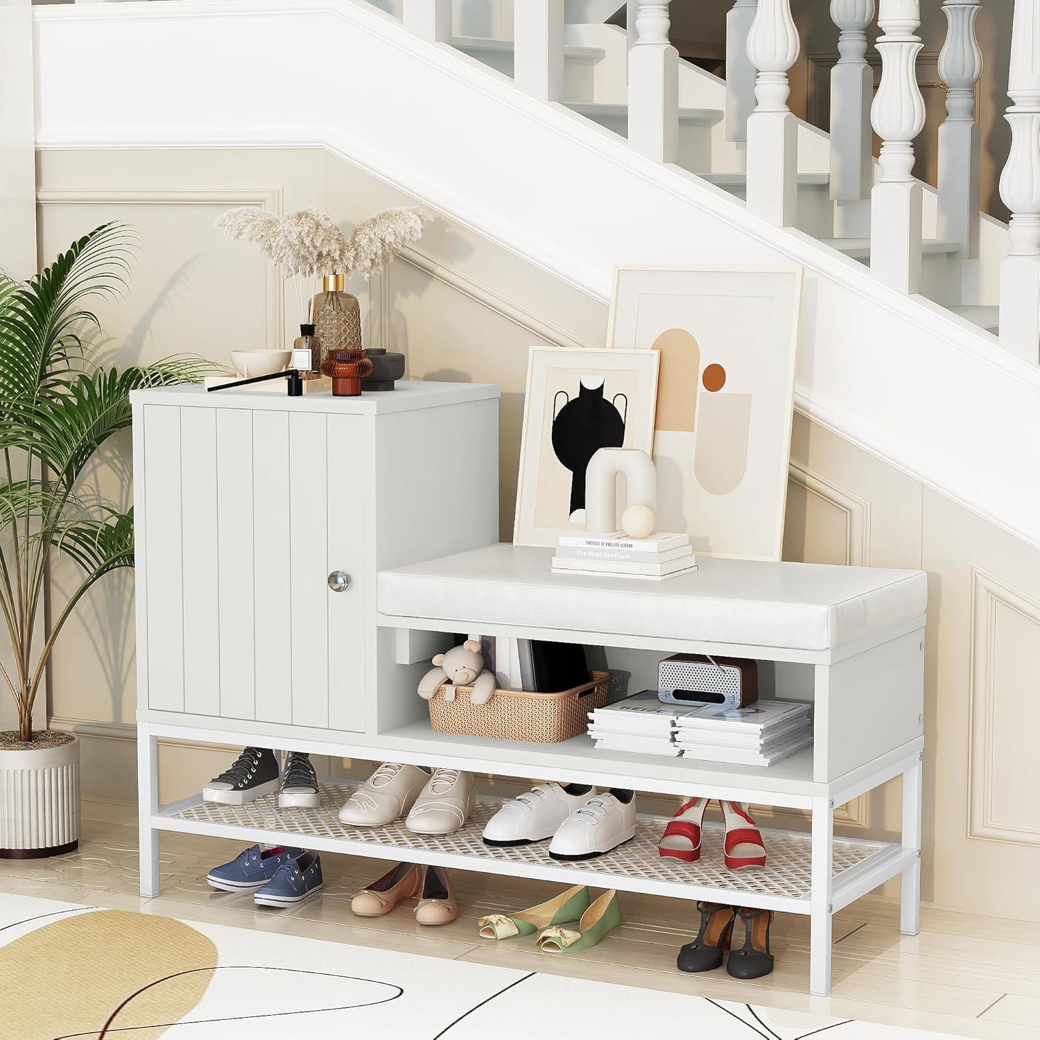 White Faux Leather and Wood Entryway Shoe Storage Bench