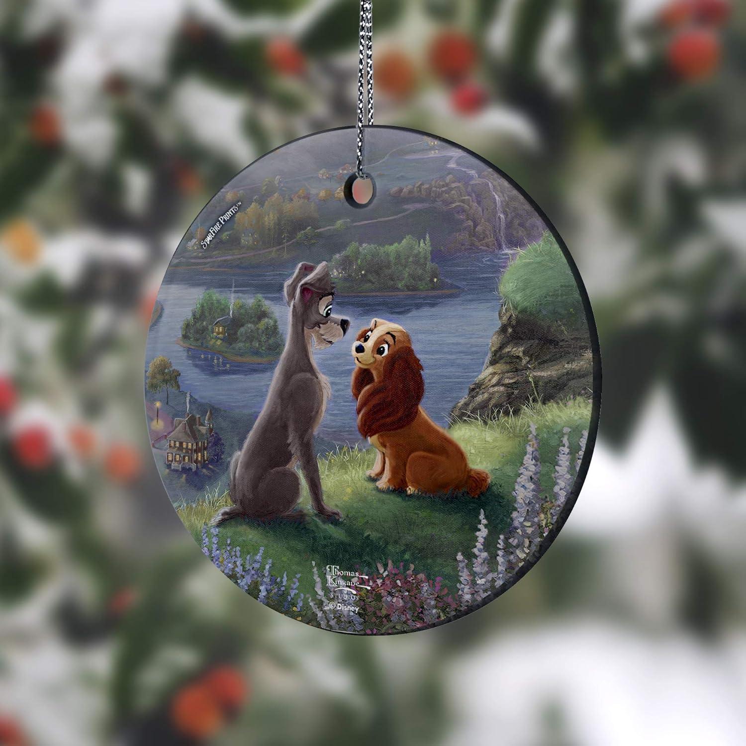 Disney – Lady and The Tramp – Falling in Love – Thomas Kinkade – 3.5” Starfire Prints Hanging Glass Print Accessory - Ideal for Gifting and Collecting – by Trend Setters Ltd.
