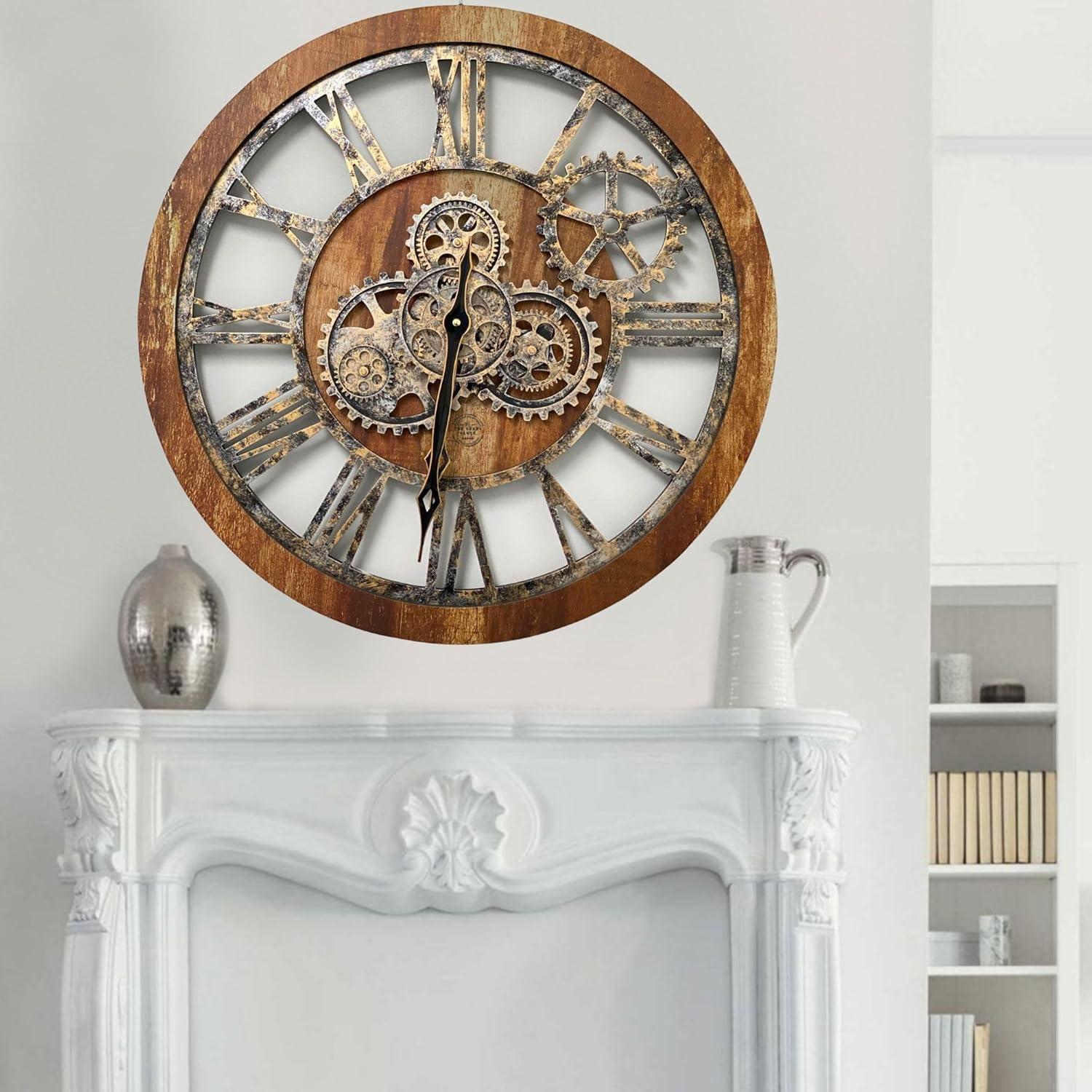Wall Clock 24" Round Oversized for Living Room decor with Real Moving Gears America Collection