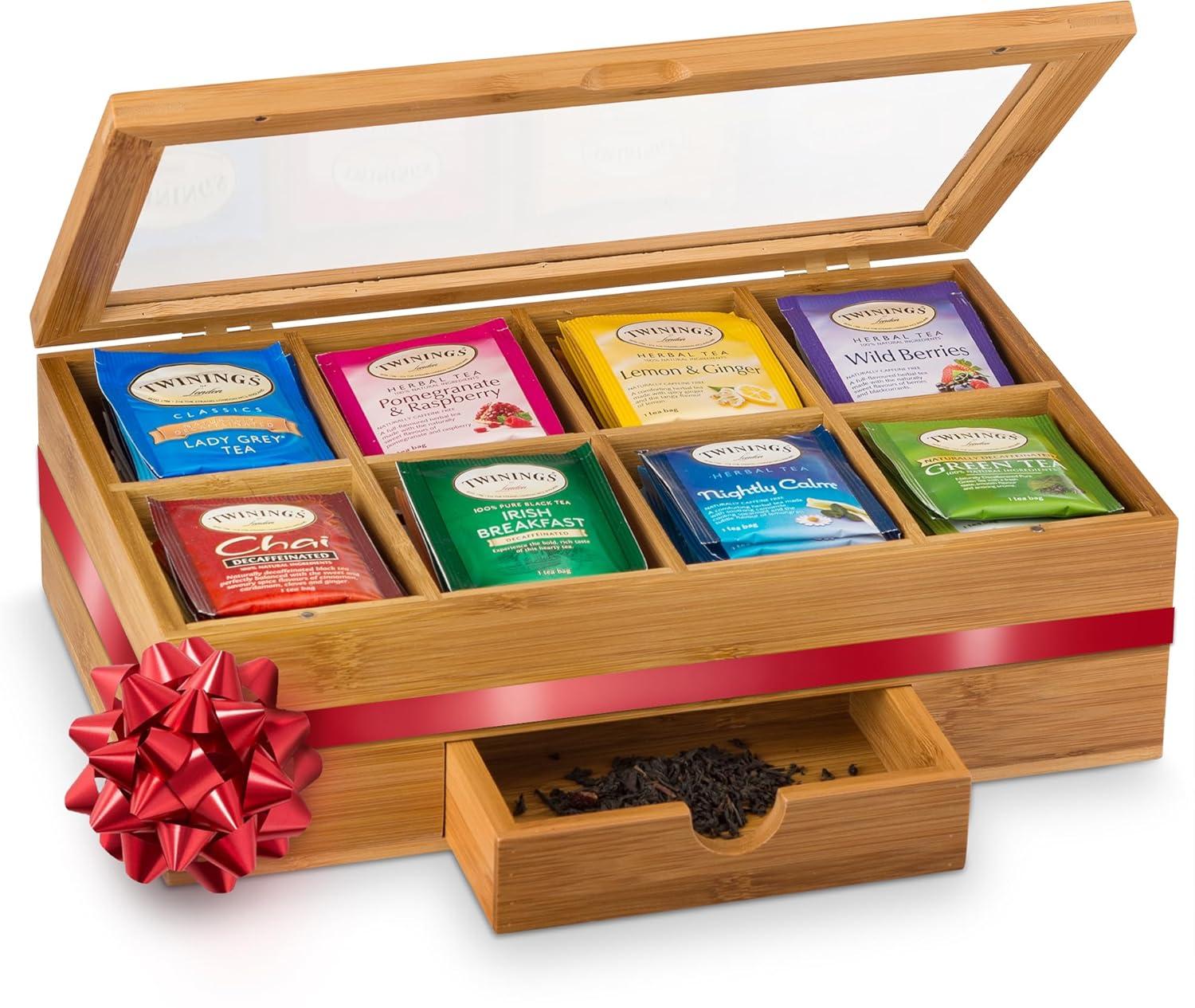 Bamboo Tea Bag Organizer - Tea Organizer: Wooden Tea Box with 8 Compartments, Acrylic Window, and Magnetic Lid, Keeps Tea Bags Fresh - Great Gift Idea