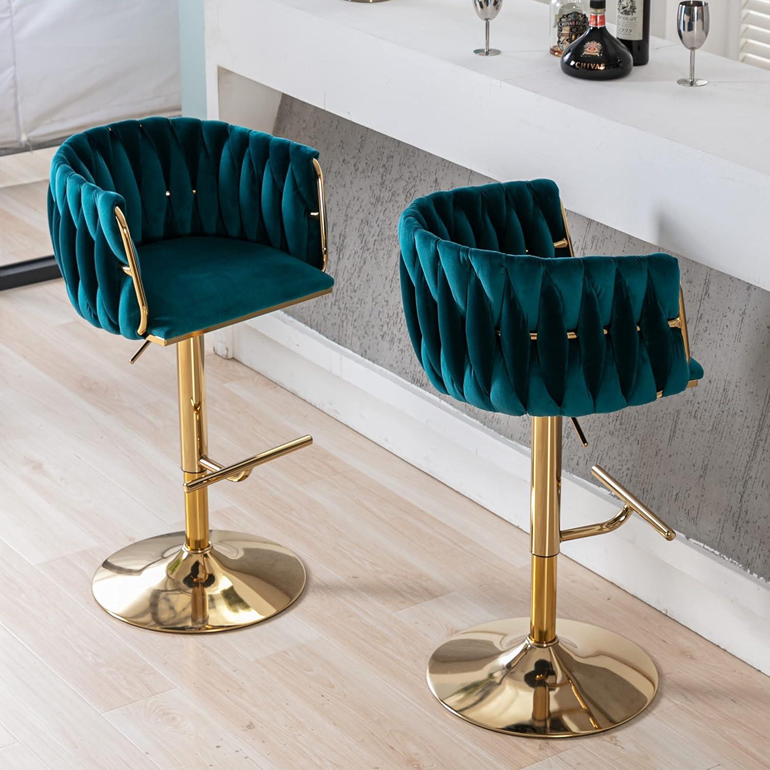 Everly Quinn Swivel Adjustable Height Bar Stool Modern Velvet Barstool with Barrel Back Kitchen Island Counter Bar Chair with Golden Base