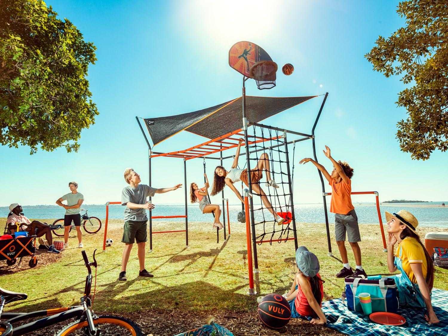 VULY Family Quest Monkey Bars Large Ninja Warrior Playset with Shade Cover, Cargo Net, Gym Rope, Bounce Swing