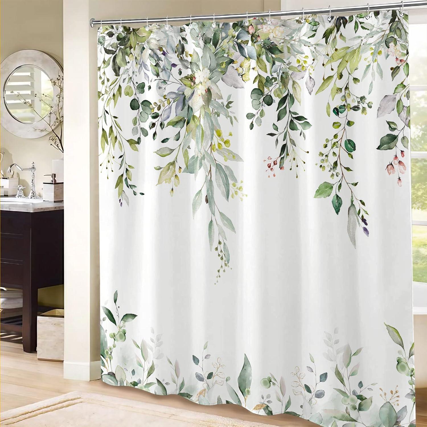 kampdream Eucalyptus Plant Rustic Shower Curtain, Watercolor Leaves On The Top Country Farm House Shower Curtain, Spring Botanical Bathroom Curtain 72 ×72 Inch