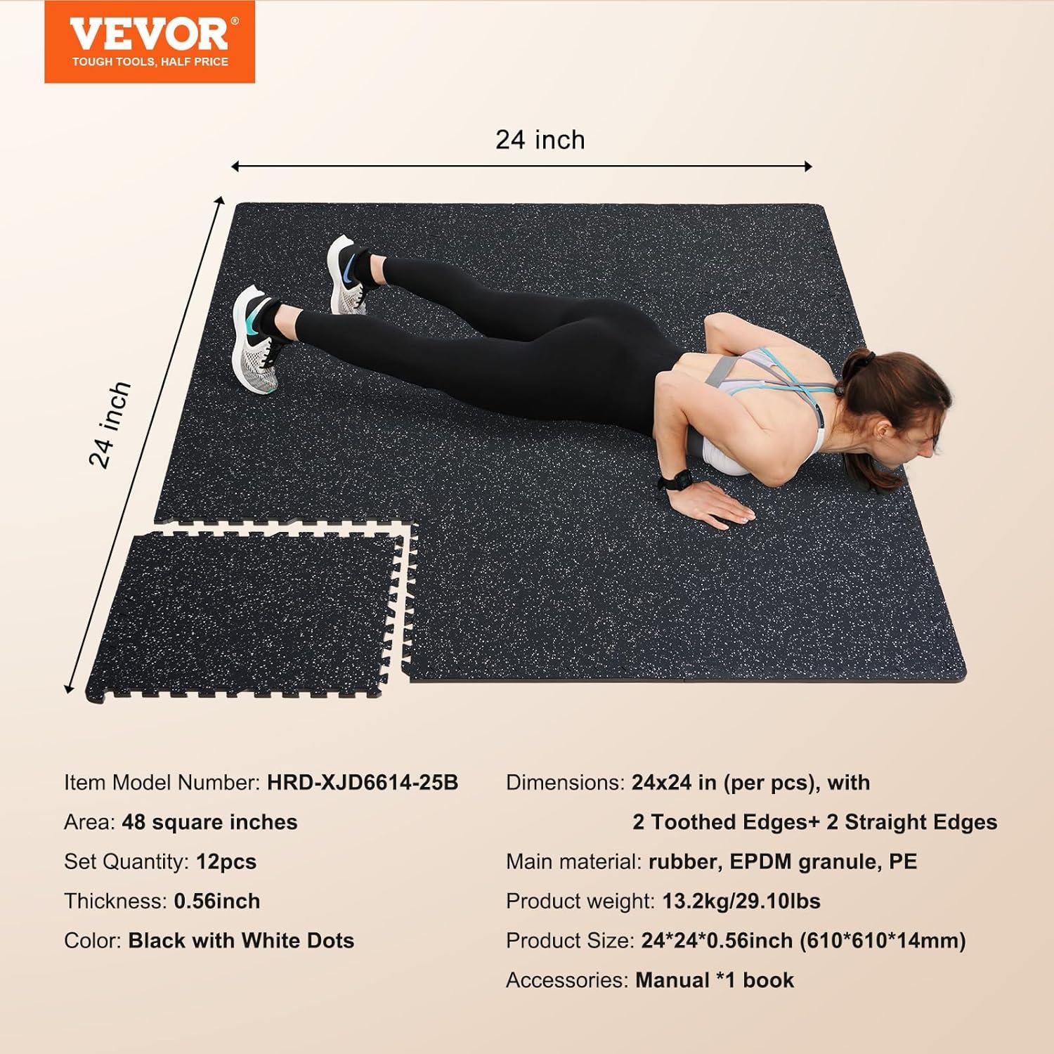 VEVOR 0.56 Inch Thick Gym Floor Mats, 12 Tiles Rubber Top with EVA Foam, 24" x 24" Gym Flooring Workout Mats with 48 sq.ft Coverage, Interlocking Puzzle Gym Mats for Gym, Home, Garage, Black & White