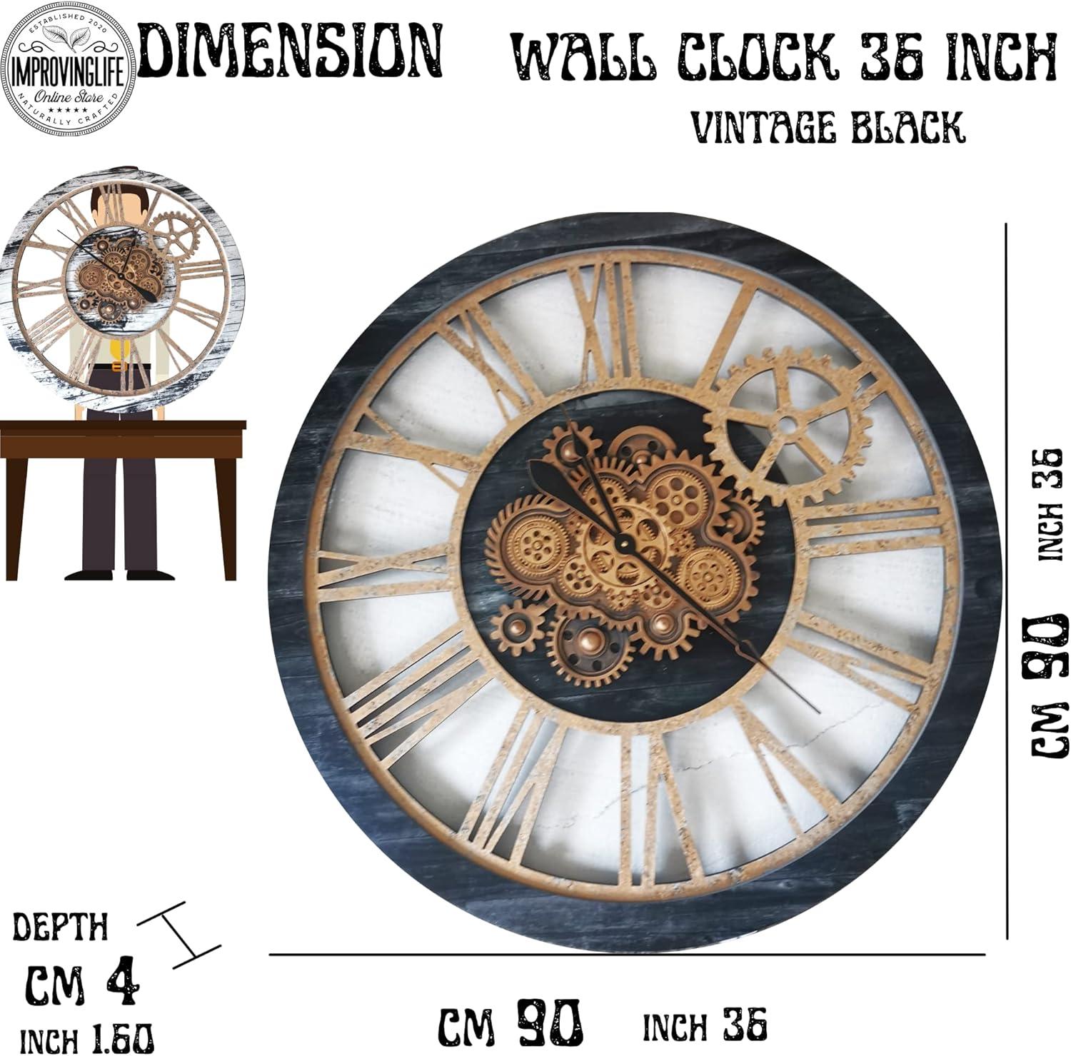 THE GEARS CLOCK Wall Clock with Real Moving Gears AM-LI_ 36 in Round Vintage-Black