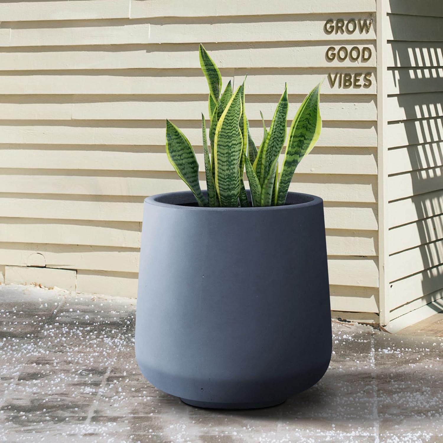 Charcoal Round Concrete Planter with Soft Curves, 20"