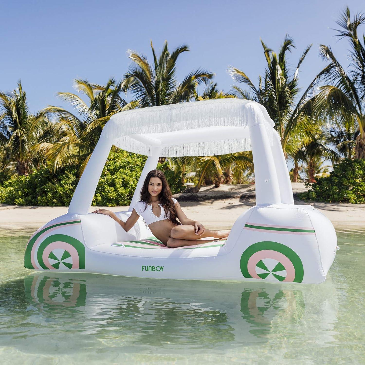 Oversized White and Green Inflatable Golf Cart Pool Lounger