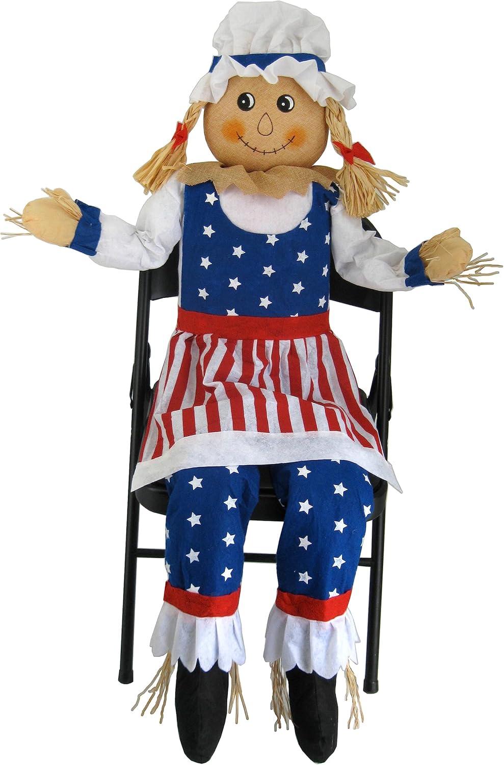60" Large Sitting Scarecrow Mrs. Uncle Sam Patriotic Americana Fall Decoration 5'
