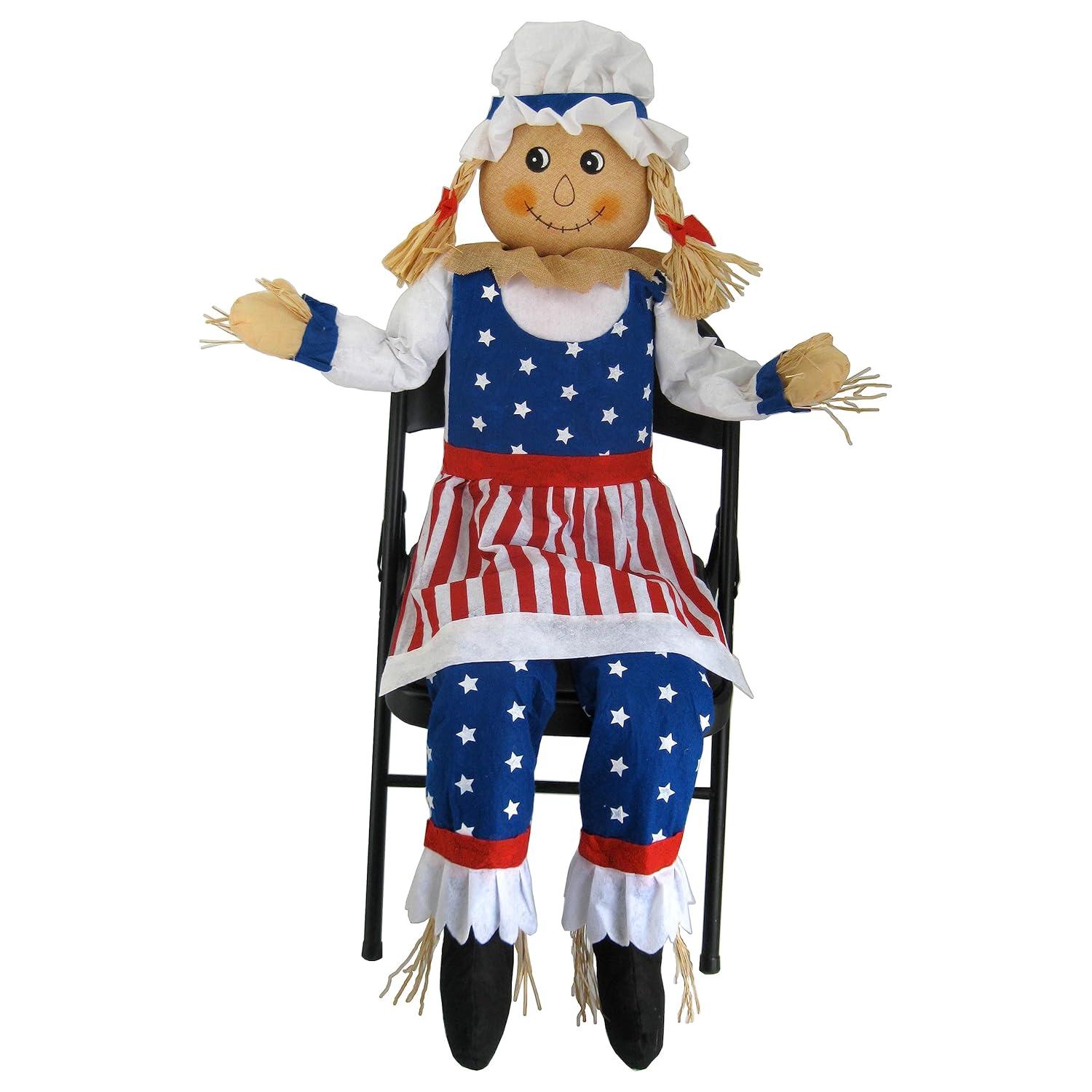 60" Large Sitting Scarecrow Mrs. Uncle Sam Patriotic Americana Fall Decoration 5'